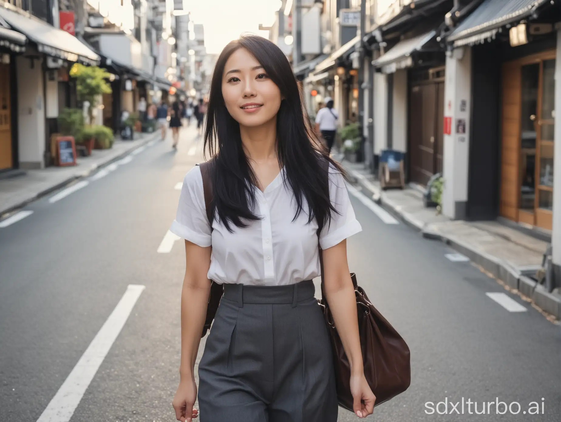 beautiful intellectual typical Japanese 33-year-old woman is walking on a street with a bag on her back, sunlight, Instagram model, long black hair, height 6.5 feet, female, masterpiece, 4k, correct hand gestures