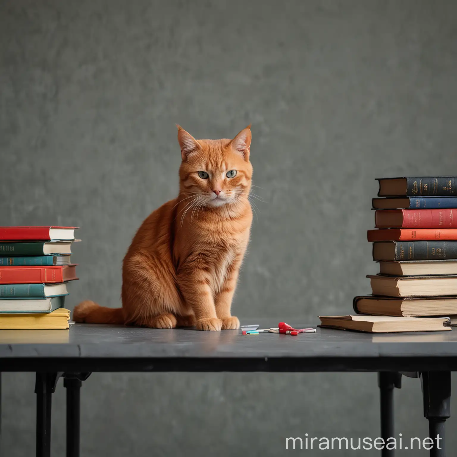  hion photo, medium shot, a red cat sits on a gray table, next to a stack of multi-colored philosophical books, 70s, Sony A7R IVw --ar 2:3 --style raw --stylize 750