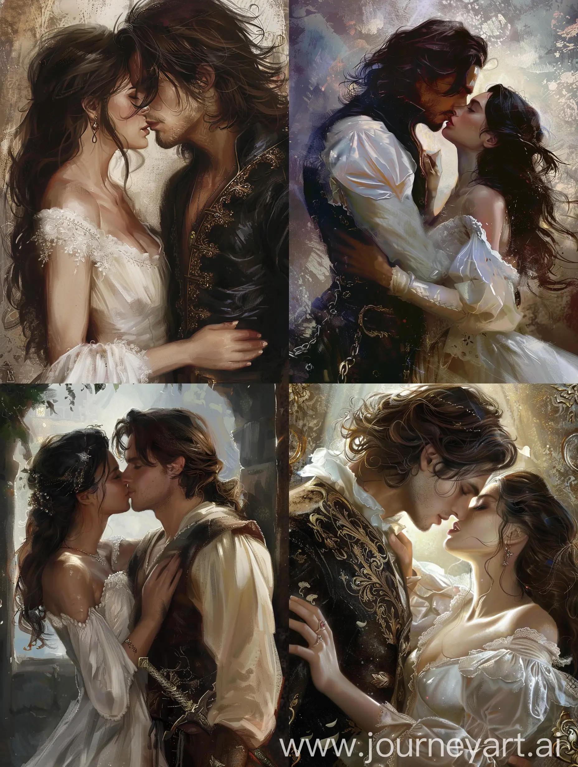fantasy romance , мужчина  с коричневыми волосами и девушка брюнетка в белом платье, поцелуй темного принца