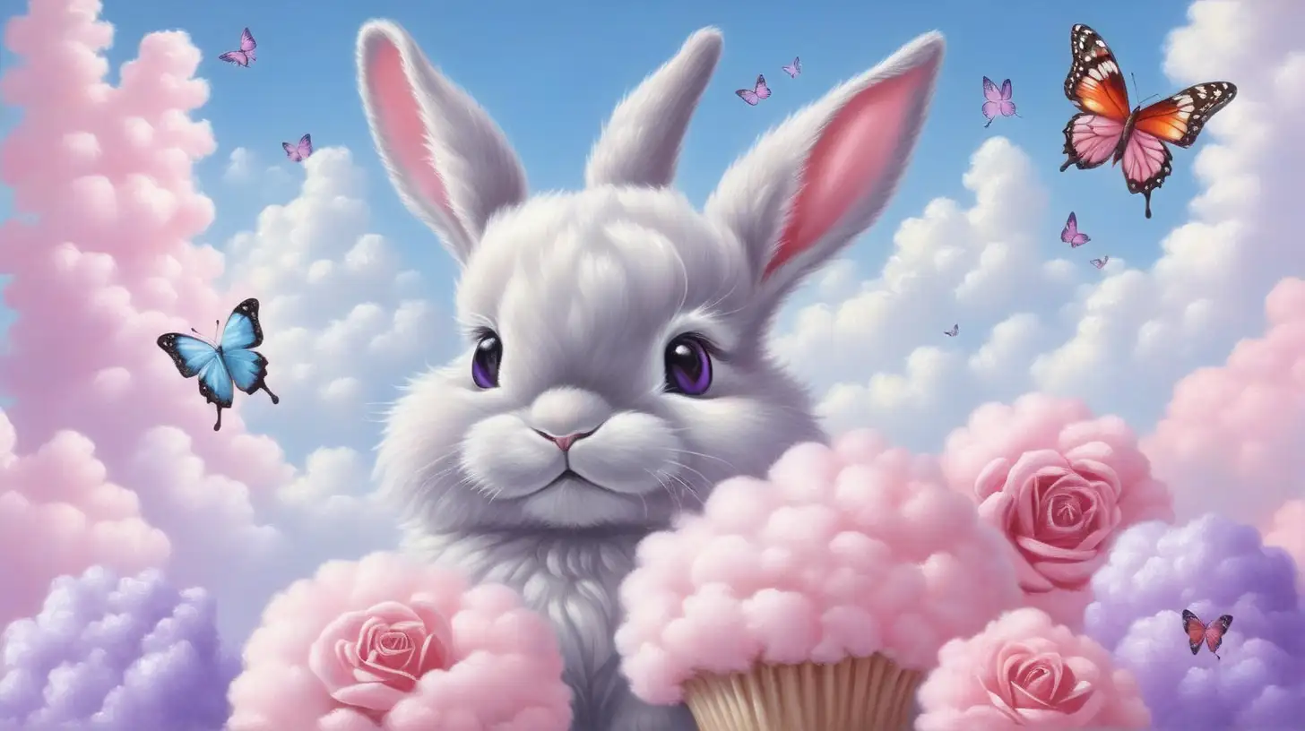oil painting of a cute fluffy rabbit and butterfly (#3F00FF) and a rose cupcake. Surrounded by pastel pink and purple cotton candy flowers and white cotton candy clouds. #F8C8DC