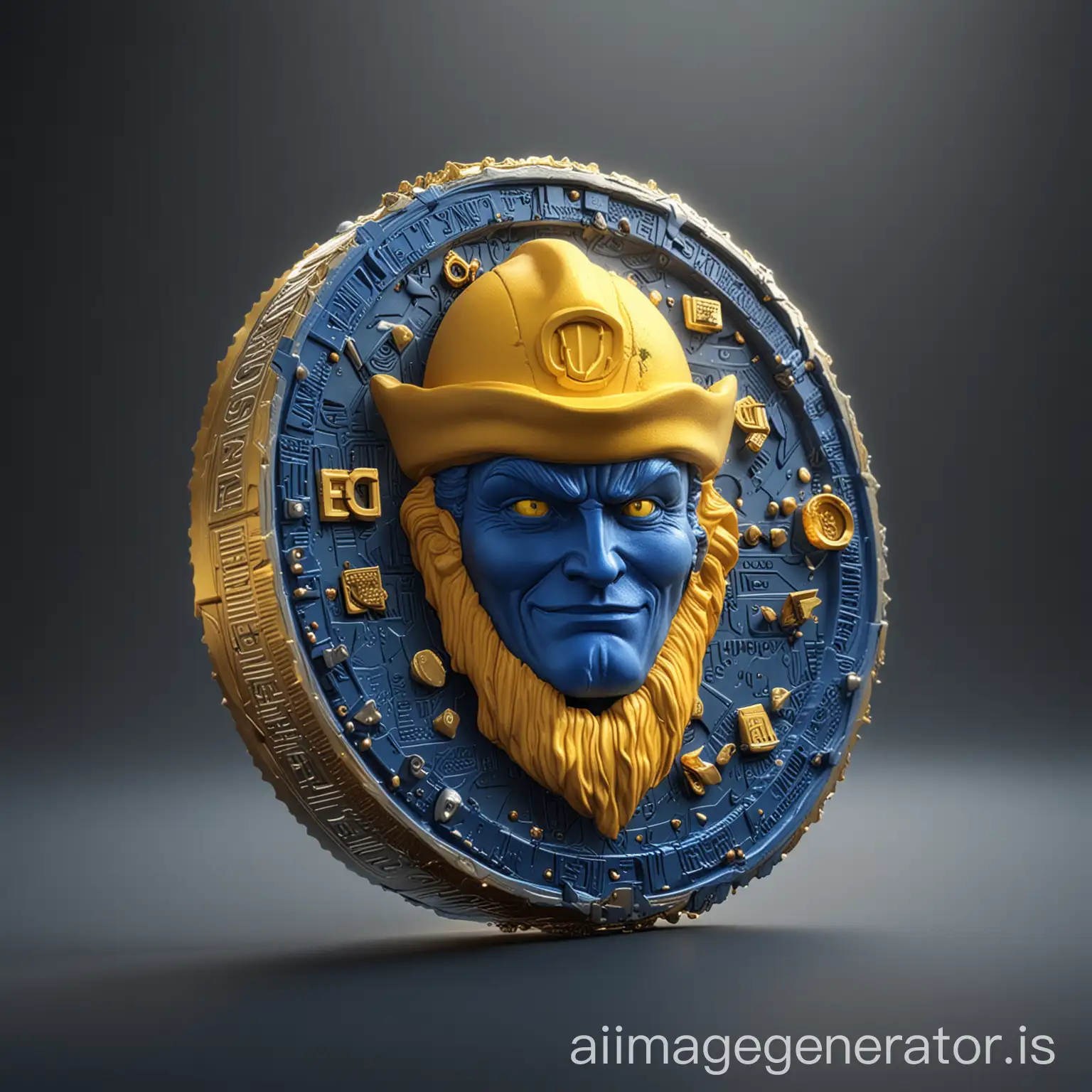 Futuristic blue and yellow crypto currency with captain crunch on the front of the token in 3D.