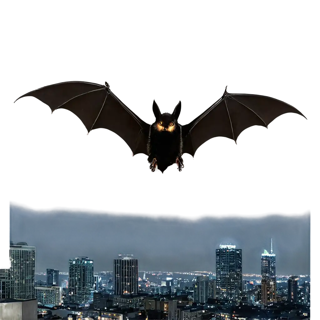 a bat with a machine gun flying through the night sky in a city