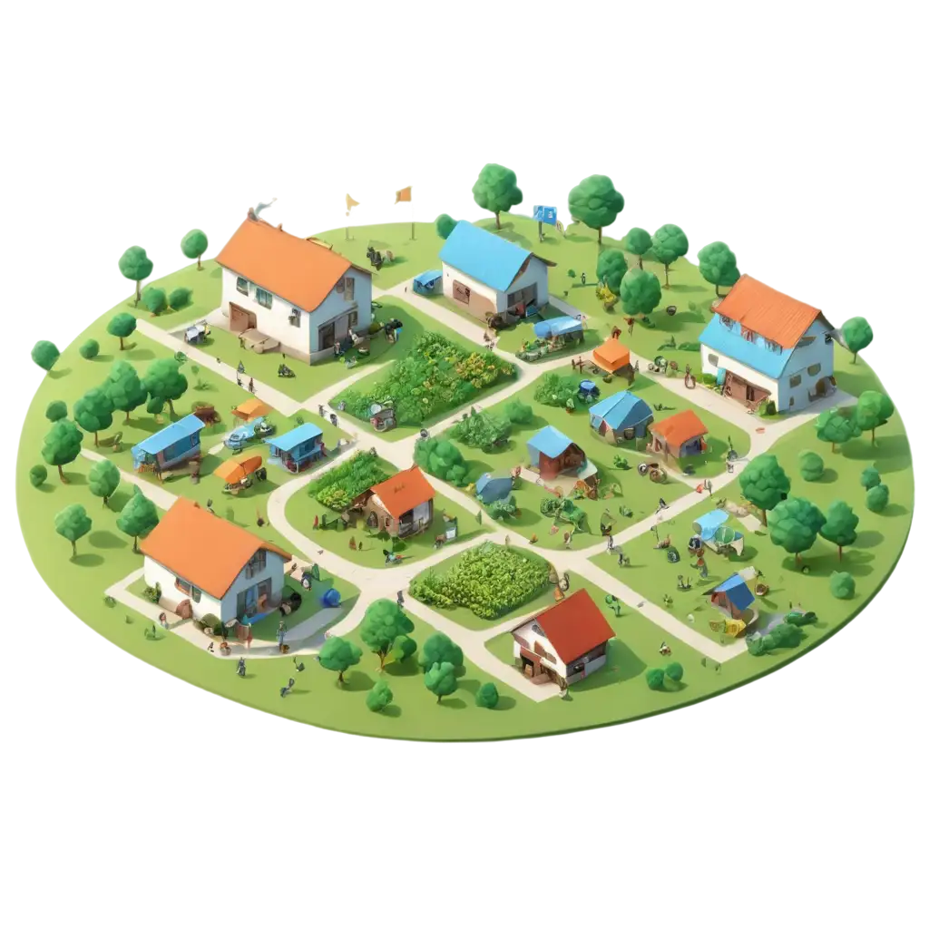 isometric 3d of green panoramic crowded activities farmer city
