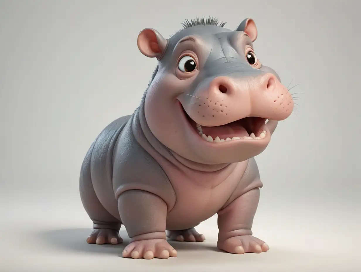 Friendly Animated Cartoon Baby Hippo on White Background