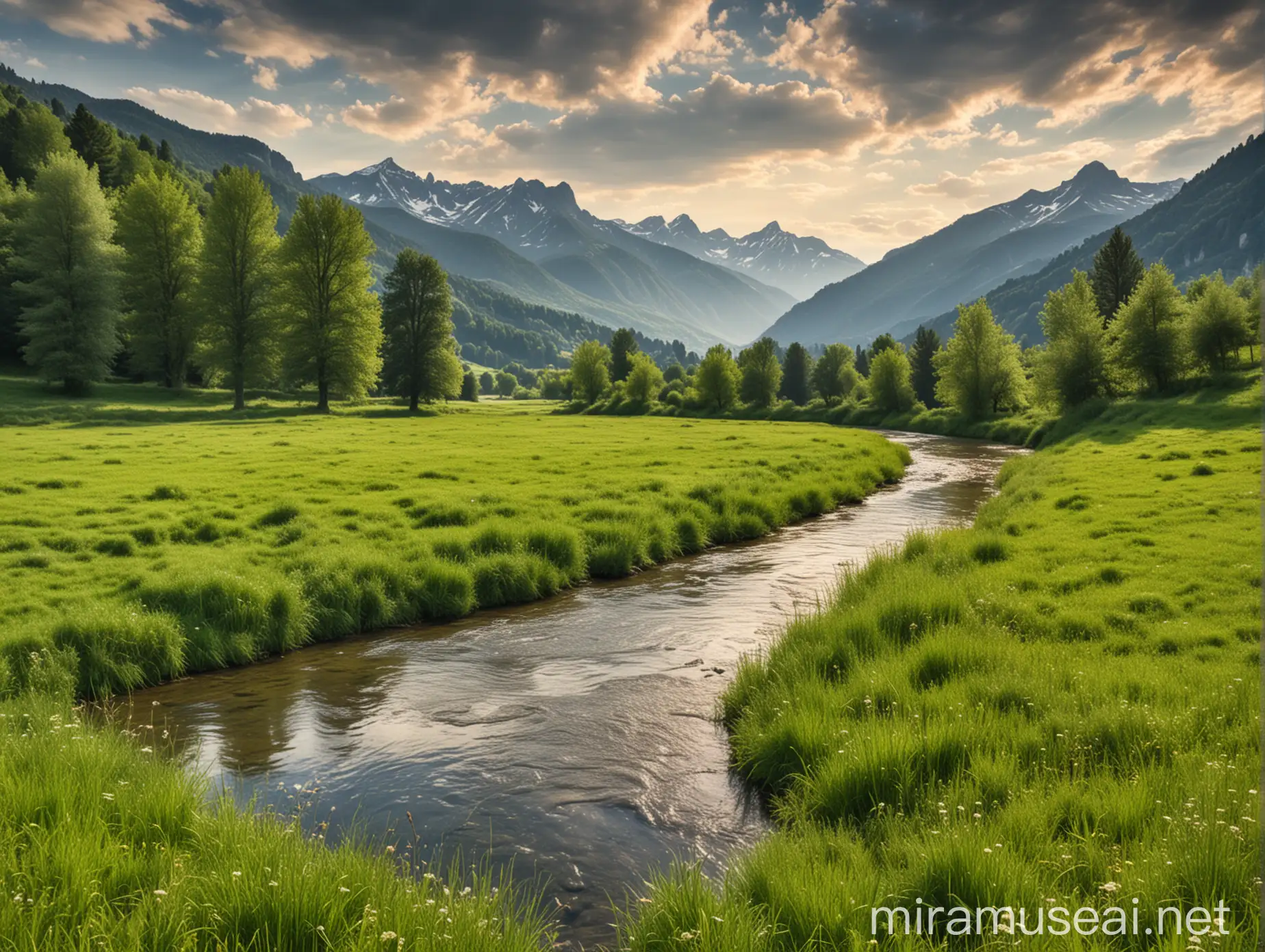 French magnificent landscape with a river and mountains. Meadow and pasture