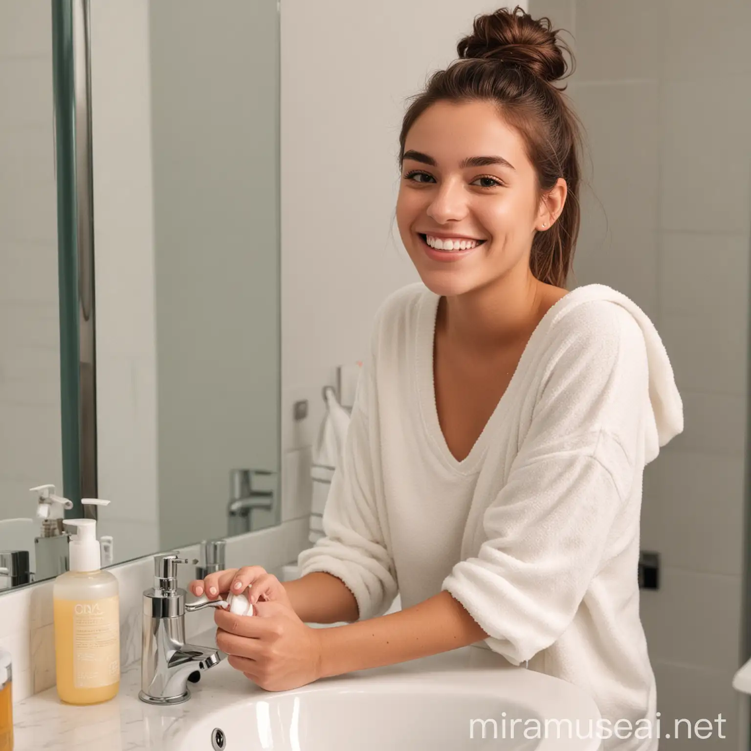 a 20 year old happy female college student doing her skincare routine in the bathroom near a mirror