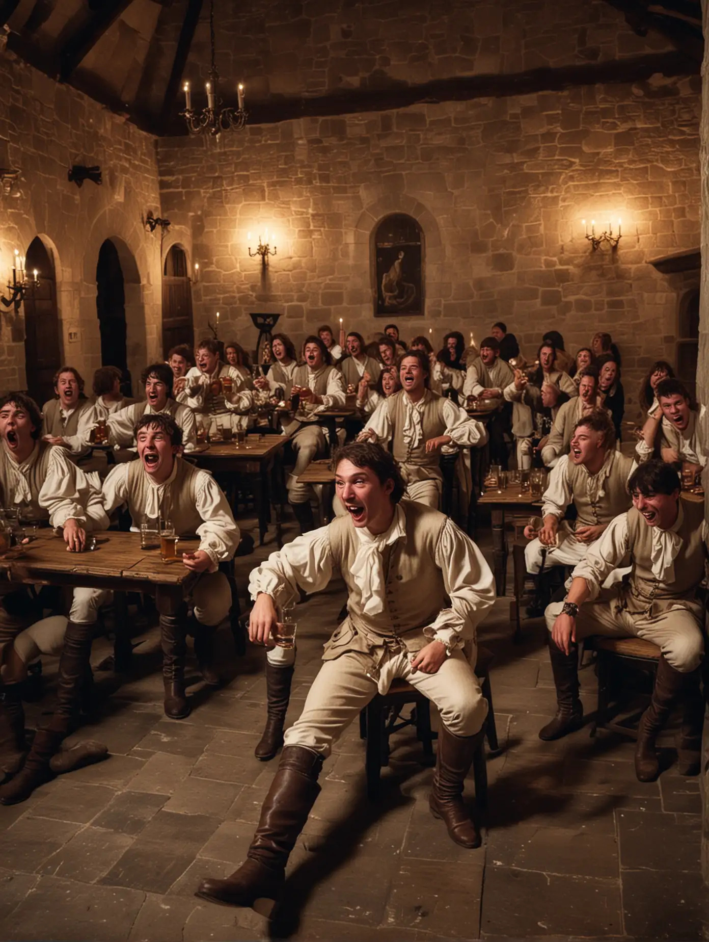 a hall in a 17th century castle, full with young men sitting on tables and drinking, dressed with light clothing, boots, shouting, joyful and happy atmosphere, at night, shot from the floor