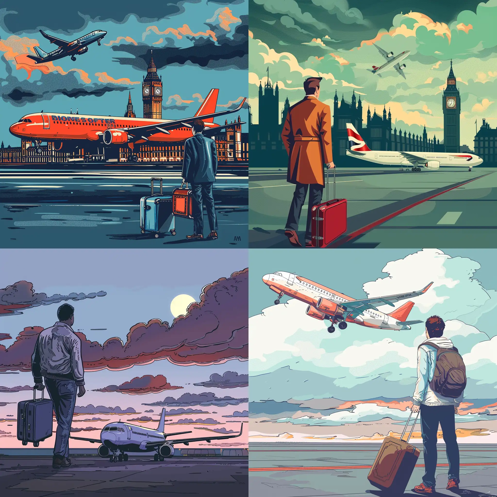 cartoon style, a man left a suitcase on the plane to London.