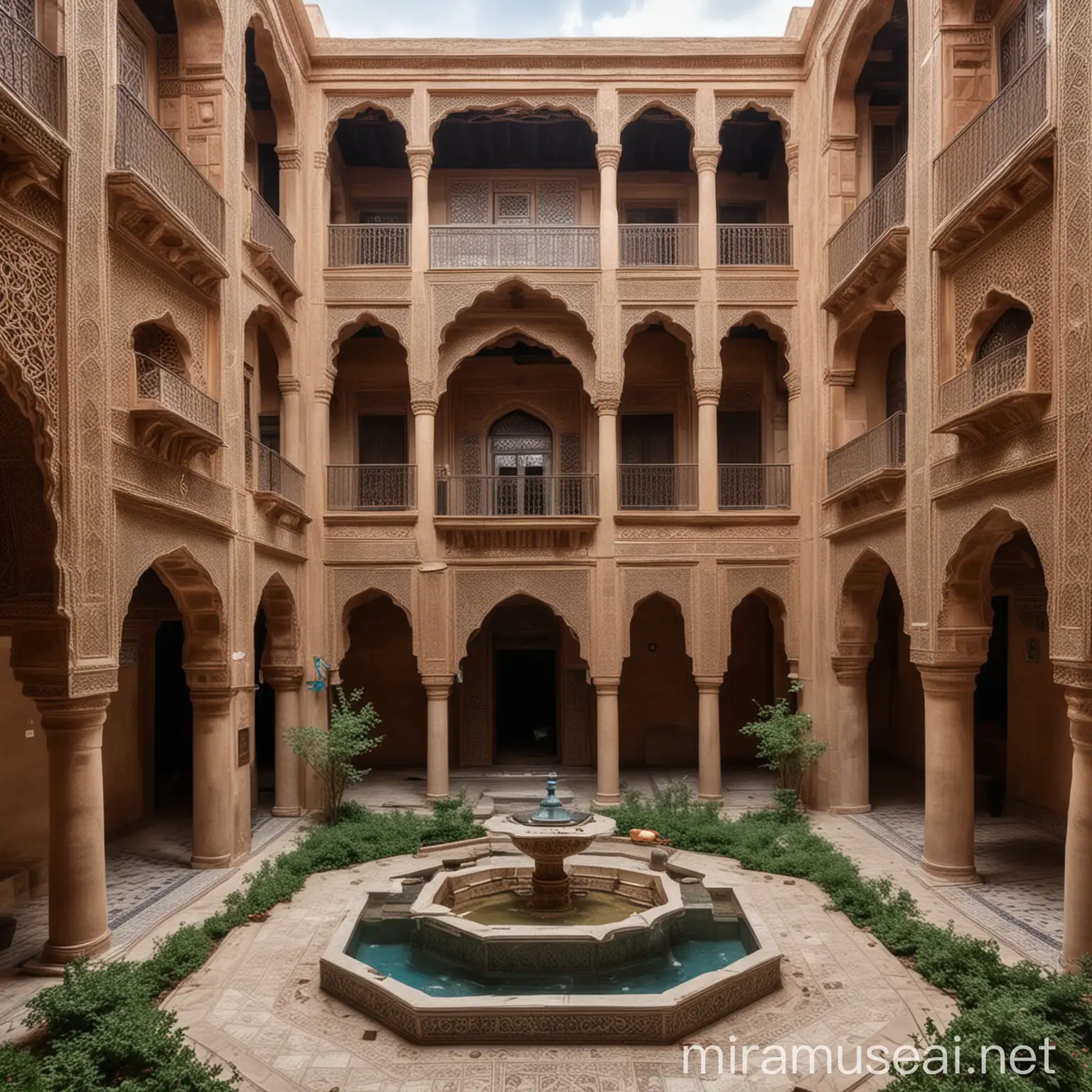A central courtyard building of ten thousand meters with two floors in the style of Iranian architecture in the south of Fars province and Moroccan composition
