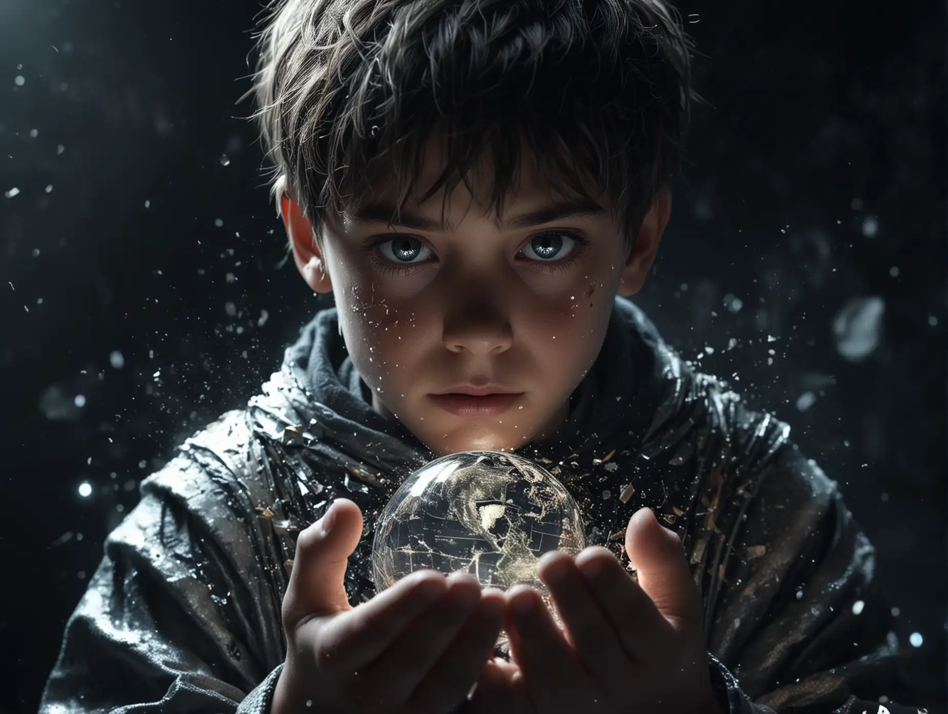 Cryptic-Boy-Holds-Shattered-Earth-in-Hands-Against-Dark-Background