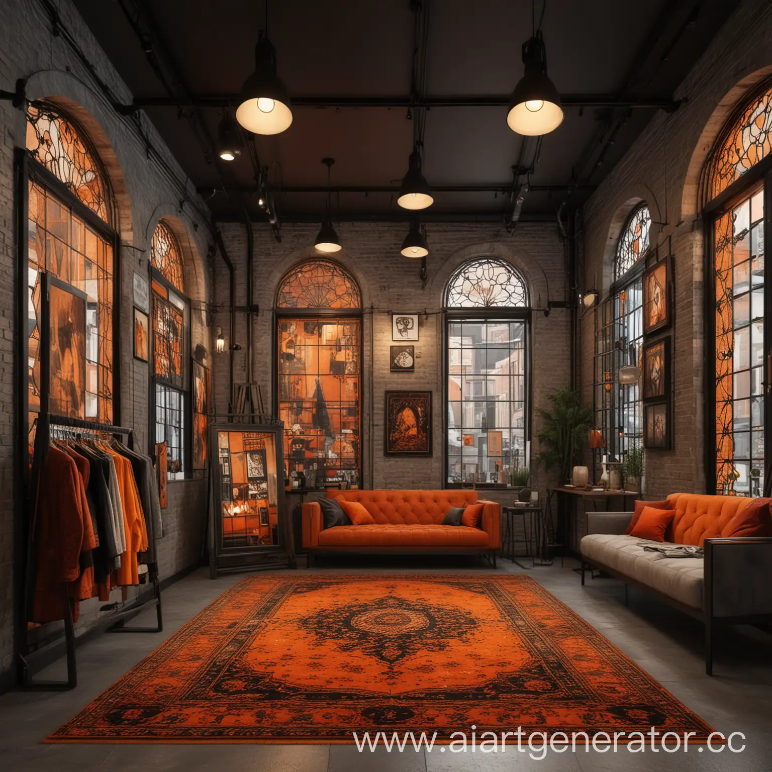 inside women's clothing store in loft style with branded items of different styles cozy lamp atmosphere cozy carpets paintings vinyl player stained glass in gothic style super realism very high quality color: predominance of black orange accents floor framed windows high quality