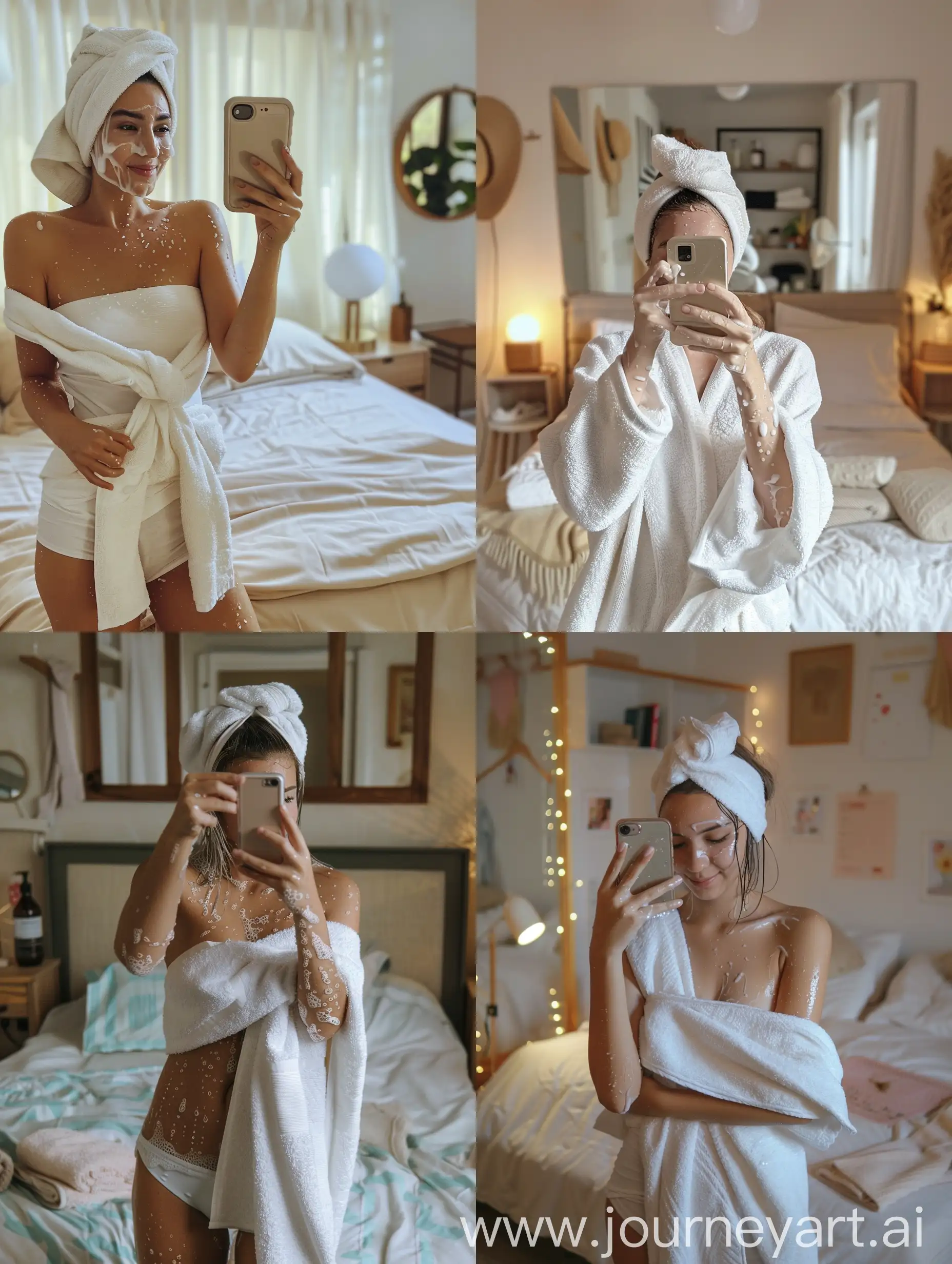 A woman in her bedroom taking a selfie, towel wrapped around hair, water on face