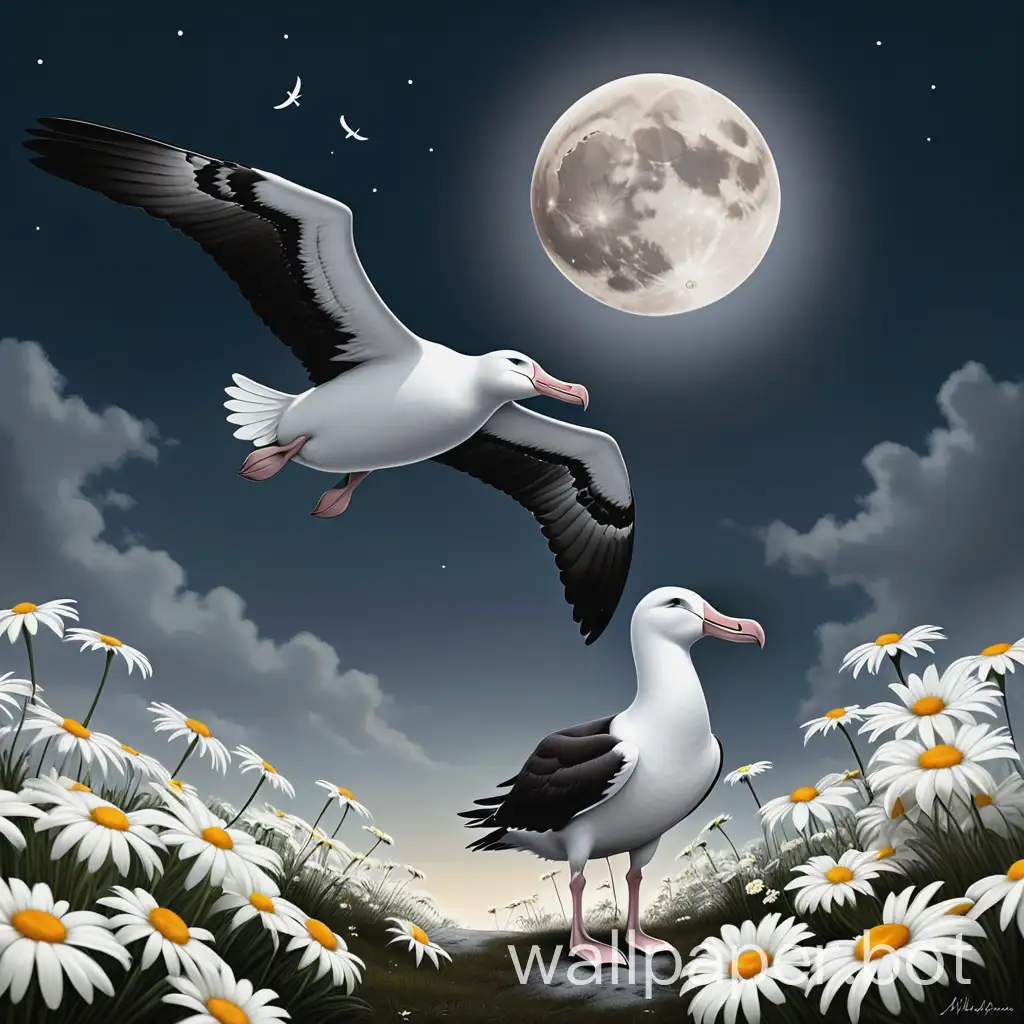 i want an albatross touching the heights and reaching the moon along with white daisies on the ground which depicts touching the heights is as important as sticking to the roots.