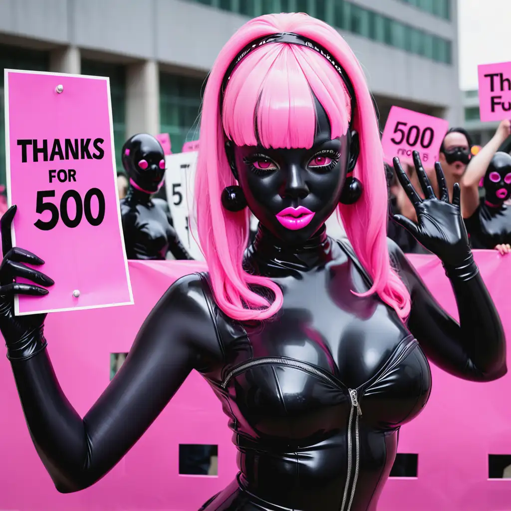 Латексная девушка с черной латексной кожей с черным латексным лицом с розовым резиновыми волосами держит в руках табличку с надписью 
Thanks for 500