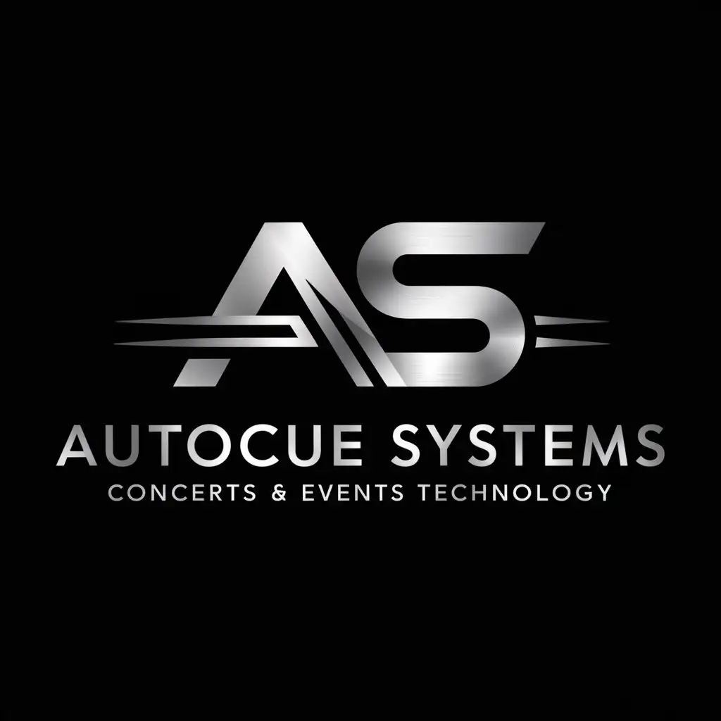 a logo design,with the text "''''AUTOCUE SYSTEMS'''' CONCERTS & EVENTS TECHNOLOGY", main symbol:this logo horizontal letter mark logo design. this logo's main part ''AS'' creates a modern lettermark for this logo. preferred color is silver. the logo must be one black background,Moderate,clear background