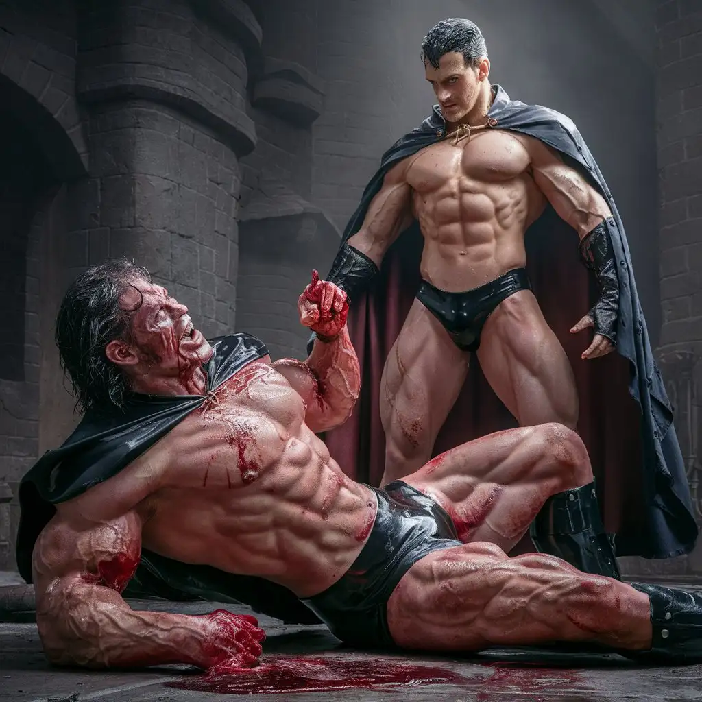 (Realistic Full body inside evil castle) Adrian is the muscular bodybuilder in the world. He is a disgusting and evil king. He has a sinnister and perverse face with yellow teeth. He has wet, dark, greasy and slicked back hair and a goatee. He is wearing a black latex speedo and a black royal cape. Hes has enormous muscles. He is screaming in rage and humiliation. He is laying on the ground in defeat. He is bleeding from being beaten. Standing over Adrian is the beautiful and sexy king Joakim. He is wearing a sexy speedo and cape. He has perfect dark hair and enormous muscles. He is the most muscular and sexy man in the world. Joakim is standing in victory and glory.