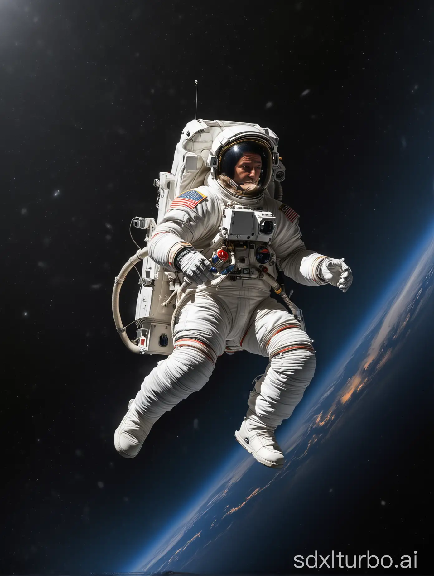 a Spanish astronaut flying through space
propelled by a propulsion backpack