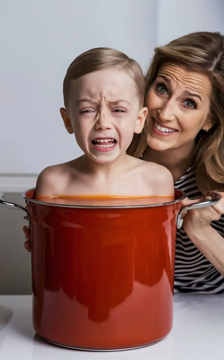 Photograph of a cute little 6-year-old boy, the boy is crying because his mother is putting him up to his neck into a tall wide pan of tomato soup as if about to cook him, English, perfect children faces, perfect faces, smooth
