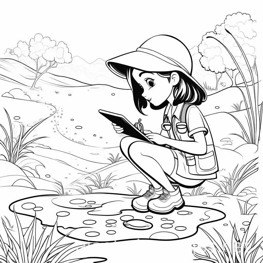 cartoon girl in safari clothes looking through a magnifying glass at paw prints on the ground, Coloring Page, black and white, line art, white background, Simplicity, Ample White Space