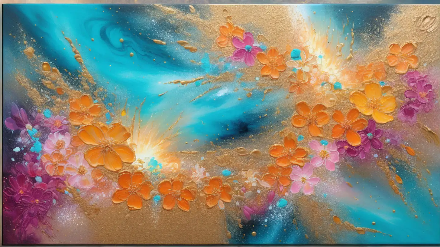 Vibrant Abstract Oil Painting Turquoise Glow with Luminescent Flowers