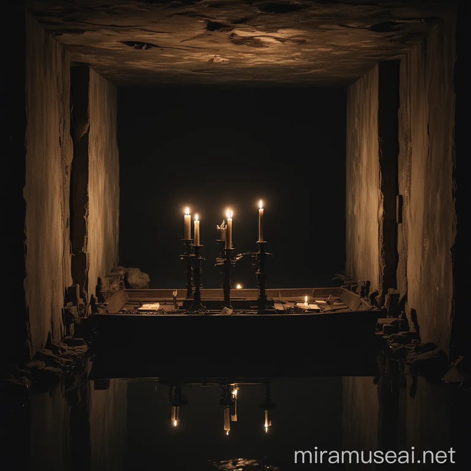 Enigmatic Lake Mysterious Altar and Silent Boat in Shadowy Chamber