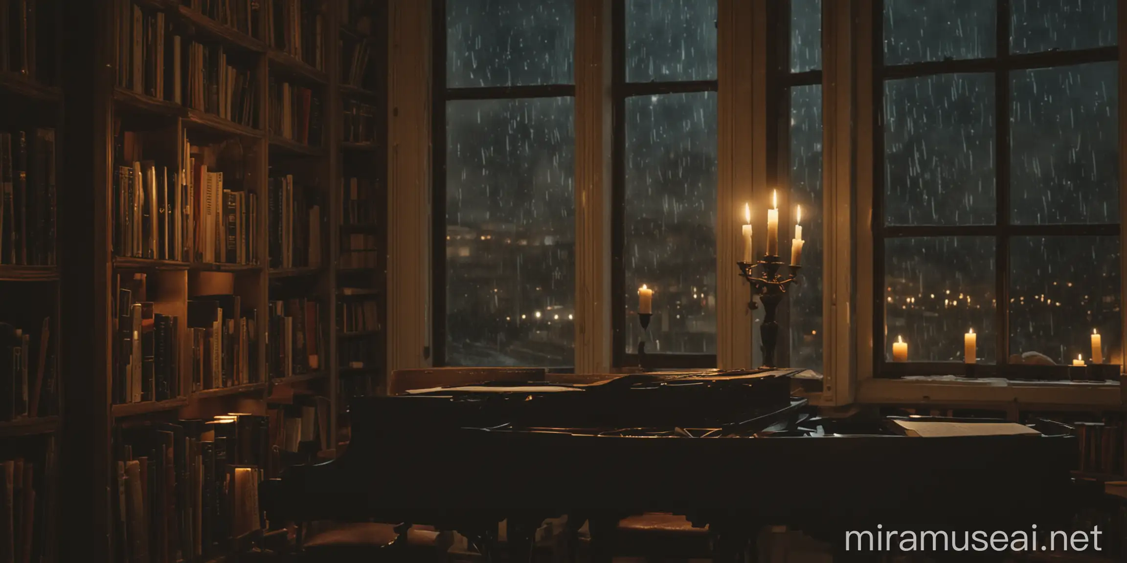 vivaldi playing the piano only with candle lights in a library. window with storm outside