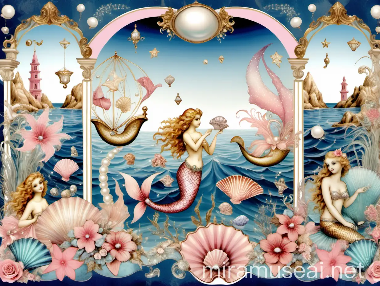 Camperia decoupage sheet, fairy landscapes in geometry and seashells, pearl flowers and dressed mermaid, chagal design, pink, blue, gold, beautiful vintage background with pearl accents and flowers
