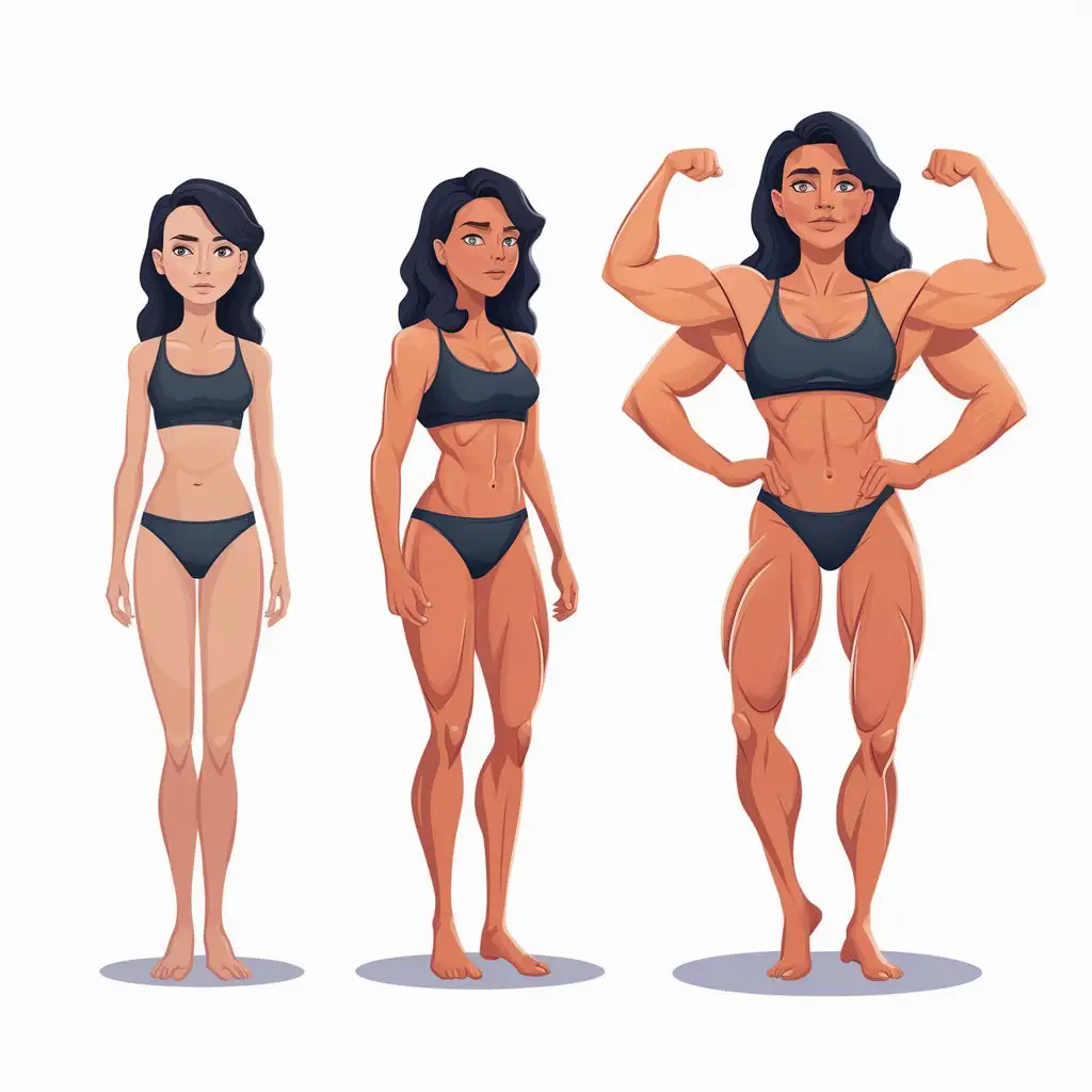 Три картинки, которые иллюстрируют этапы набора массы женщины, на первой картинке она худая, на второй картинке немного накачалась и на третьей картинке она накаченная
