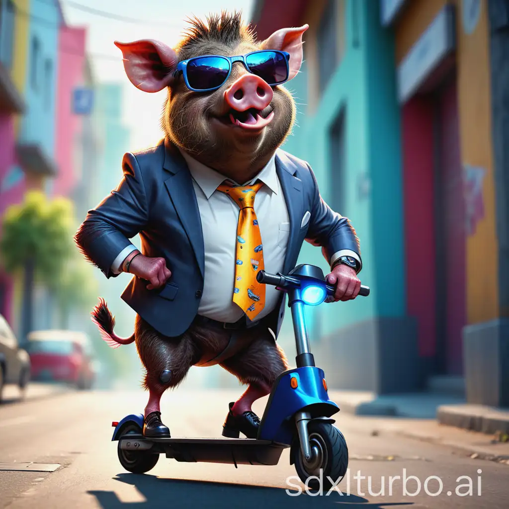 a cheerful drunken boar in sunglasses stands on its hind legs on an electric scooter, in a tie, depth of field, full height, bright saturated colors, extremely realistic images, shadows, high detail, graphics on the engine, realism, 8K Ultra HD