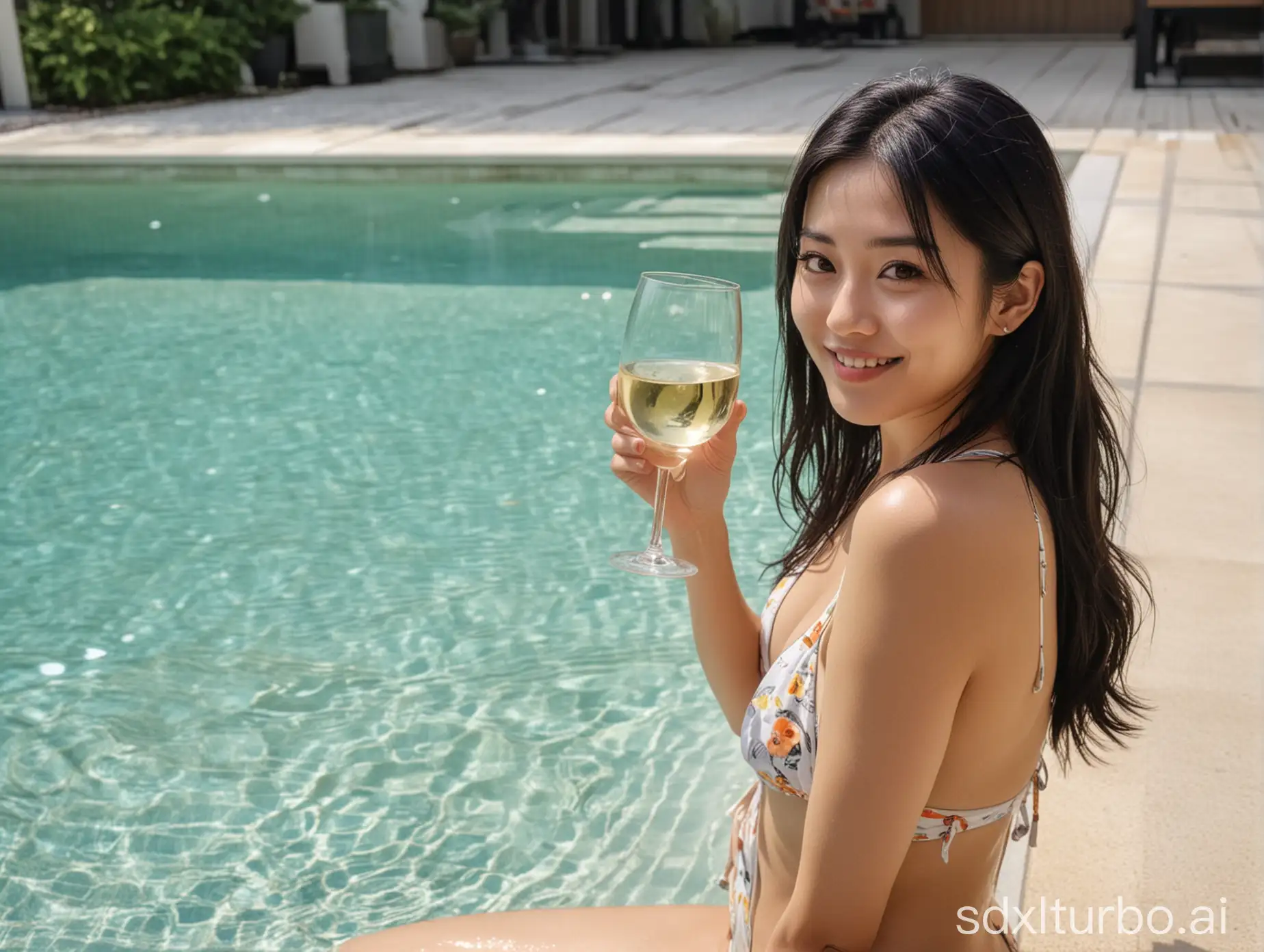 beautiful intellectual typical Japanese 33-year-old girl sits beside swimming pool with ONE glass of white wine, smiling, Bikini, Instagram model, long black hair, warm, black eyes, height 6.5 feets, female, masterpiece, 4k, correct fingers or hands