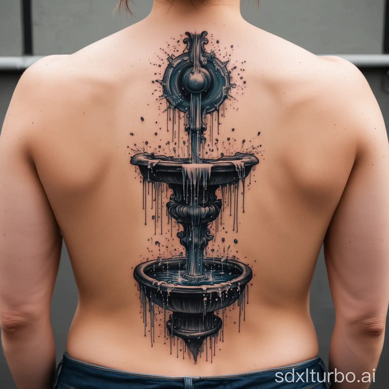 a persons backside with a water fountain tattoo