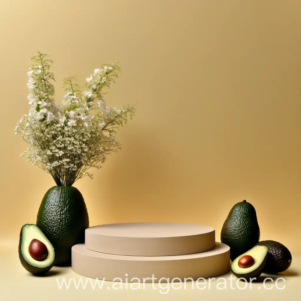 Beige-Podium-Displaying-Small-Items-Amidst-Avocado-Fruits-and-Flowers