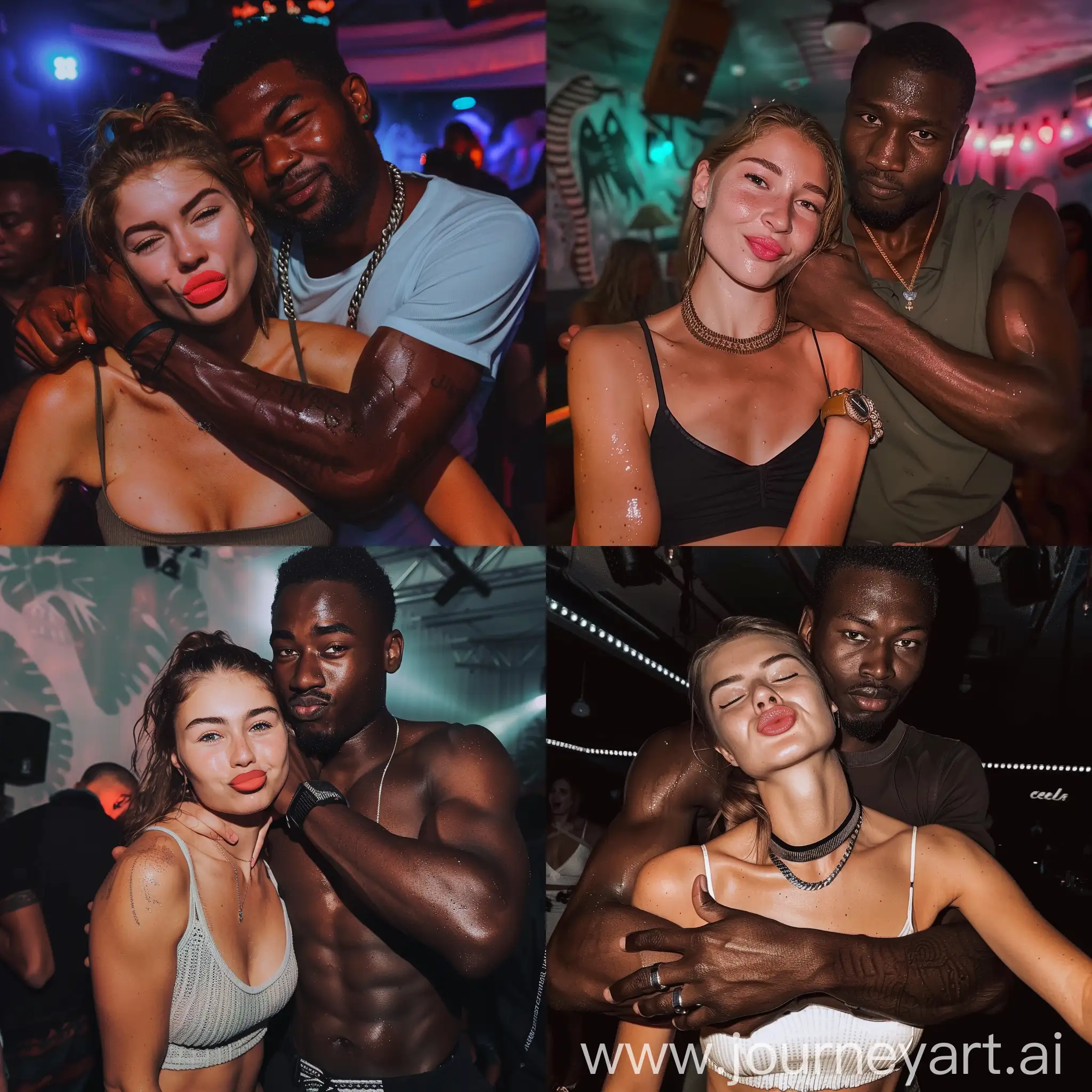 Aesthetic instagram selfie of a german woman in a party club crop-top getting hugged possessively by her tall robust african partner, she is doing the duck lips pose, her partner is grabbing her neck and smiling, the woman looks typically german and is beautiful, both are looking at the camera, sweaty, flirty
