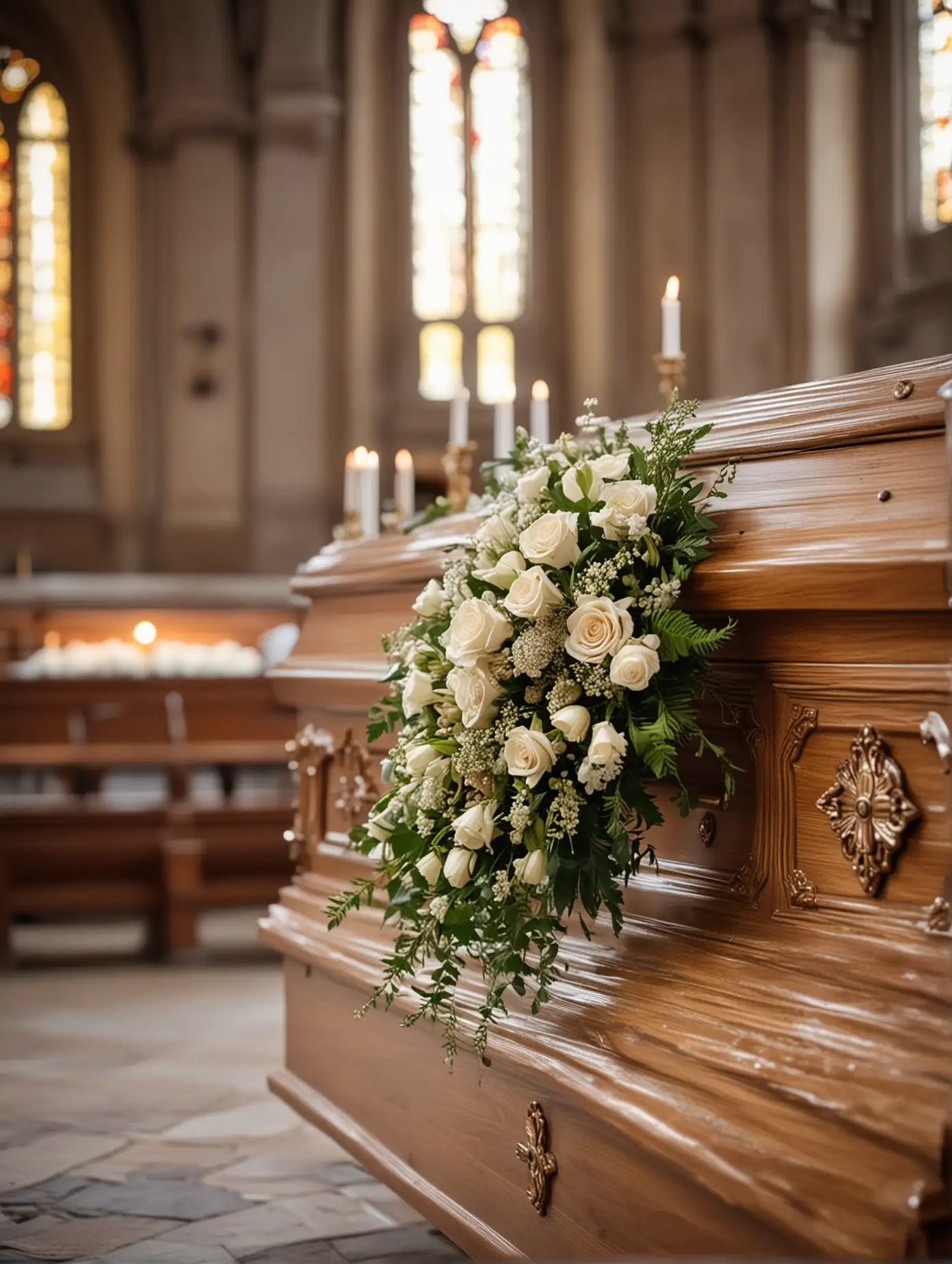 single light source, fragment of casket standing in church, casket seen in perspective, modest funeral bouquet lying on coffin lid, blurred background, bokeh