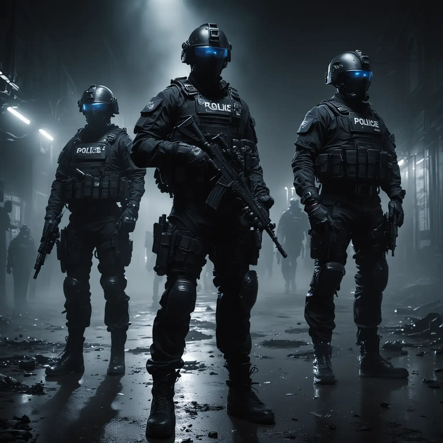 Futuristic Police Squad in Tactical Gear at Night