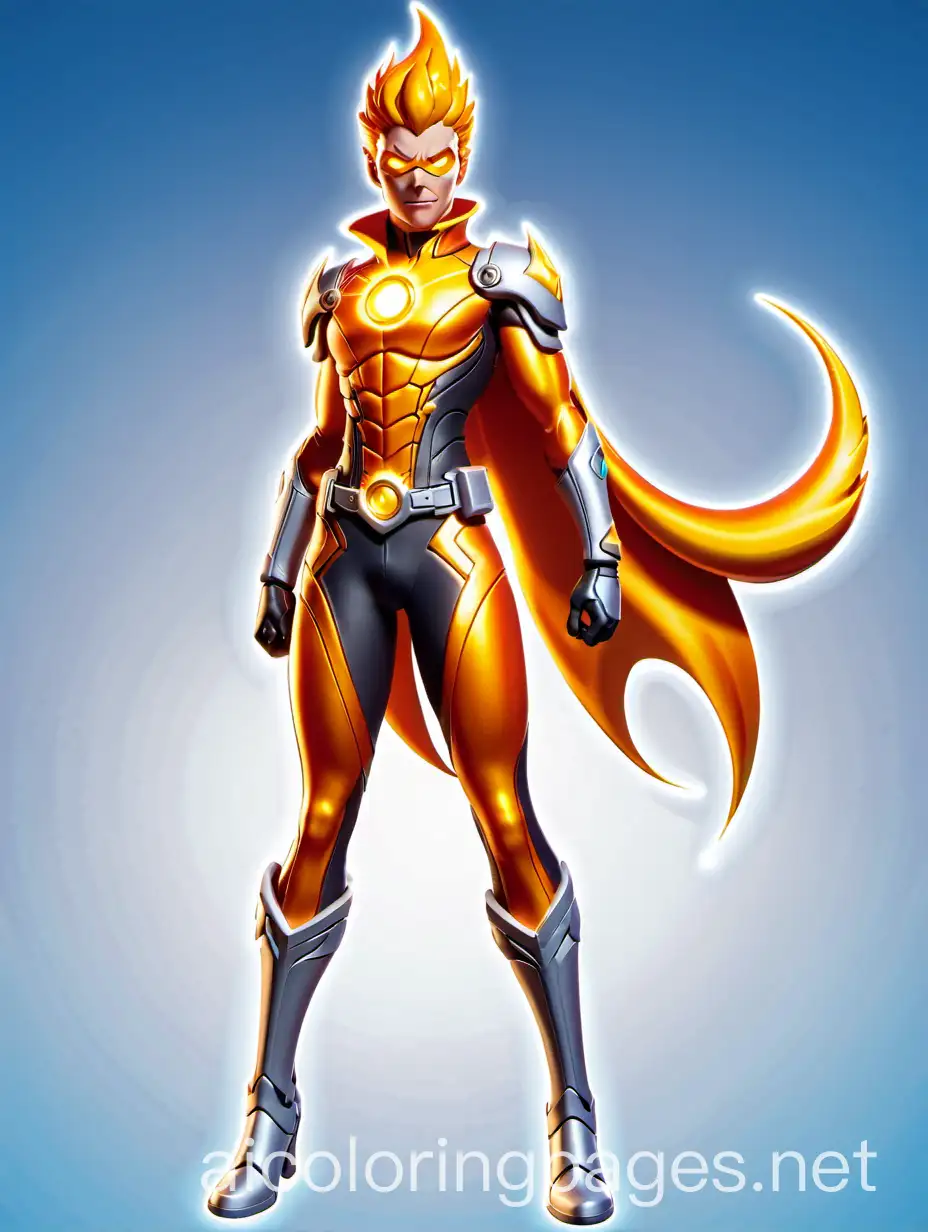 Example Hero: SolarFlare Name: SolarFlare Backstory: Born with the power to harness the energy of the sun, SolarFlare uses their abilities to protect the earth from dark forces that thrive in the shadows. Their mission is to bring light and hope to every corner of the world. Powers and Abilities: Solar energy blasts, flight, super strength, the ability to heal using solar energy. Appearance: Head and Face: Angular face with sharp features, golden eyes that glow when using powers, short, spiky hair that looks like it's made of flames. Body: Lean and athletic build. Costume: Style: Sleek and modern with a futuristic touch. Colors: Predominantly orange and yellow with white accents. Accessories: Solar emblem on the chest, utility belt with solar gadgets, flame-like cape that flows like liquid fire., Coloring Page, black and white, line art, white background, Simplicity, Ample White Space. The background of the coloring page is plain white to make it easy for young children to color within the lines. The outlines of all the subjects are easy to distinguish, making it simple for kids to color without too much difficulty