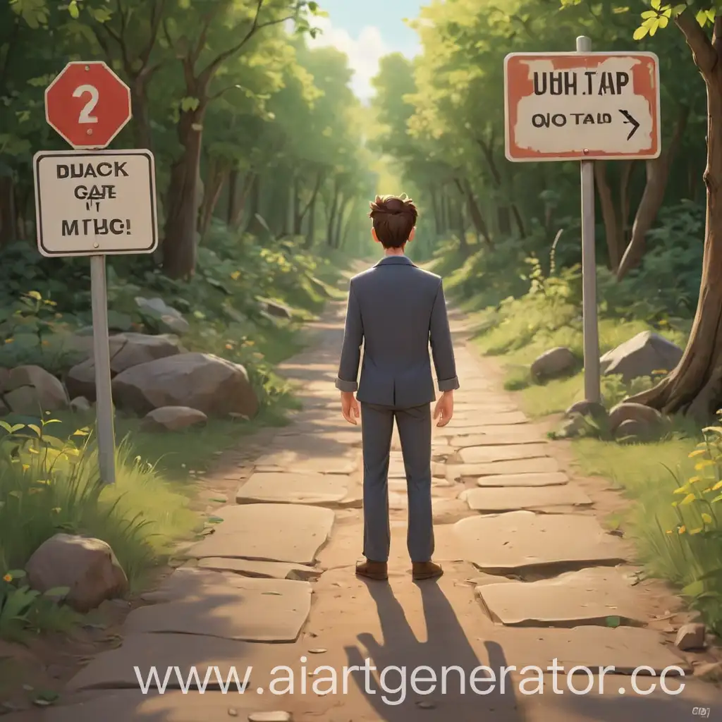 Cartoon-Man-Deciding-Between-Two-Paths-at-Crossroads-Sign