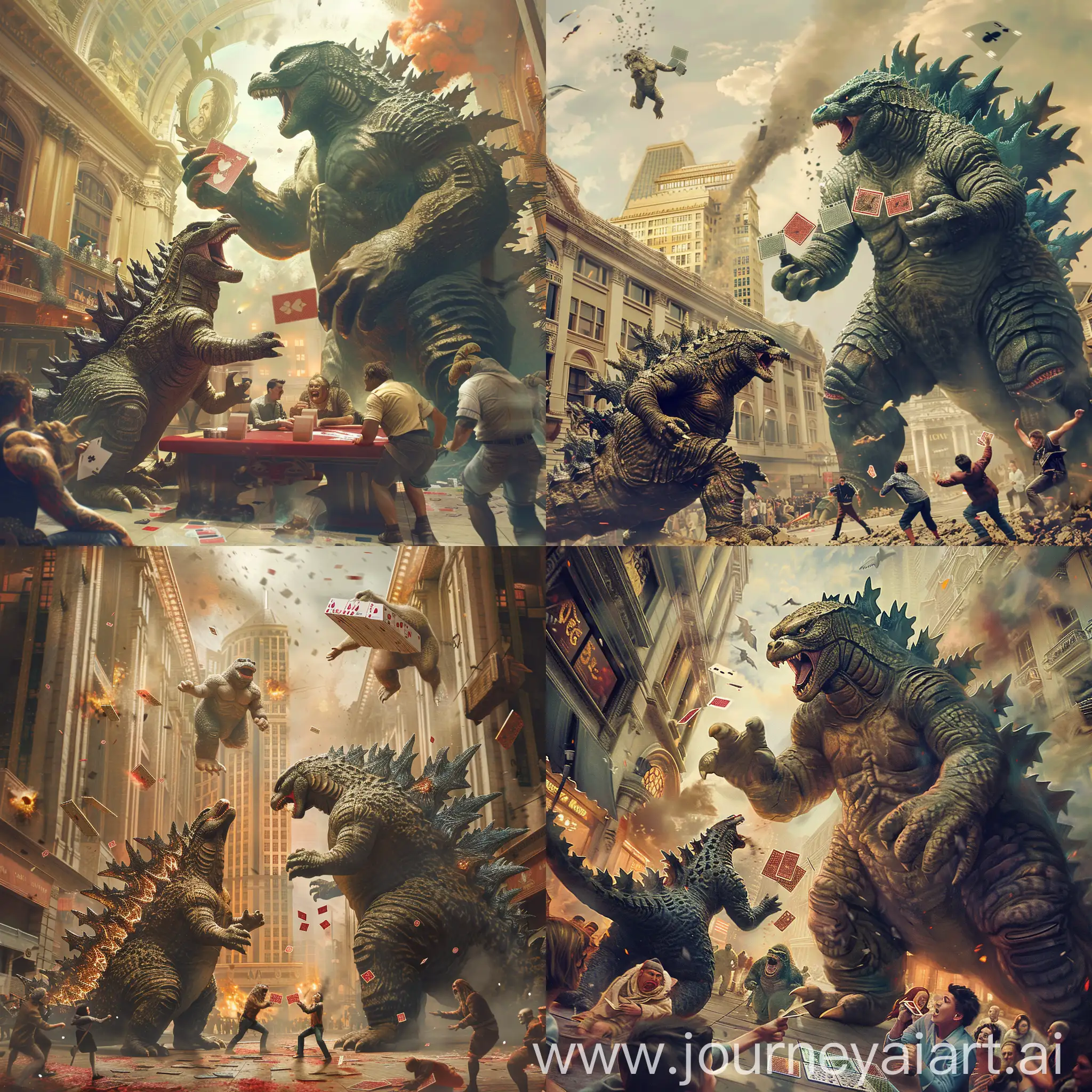 Massive-Godzilla-and-King-Kong-Engage-in-BuildingSized-Card-Game-Amidst-Fleeing-Crowds