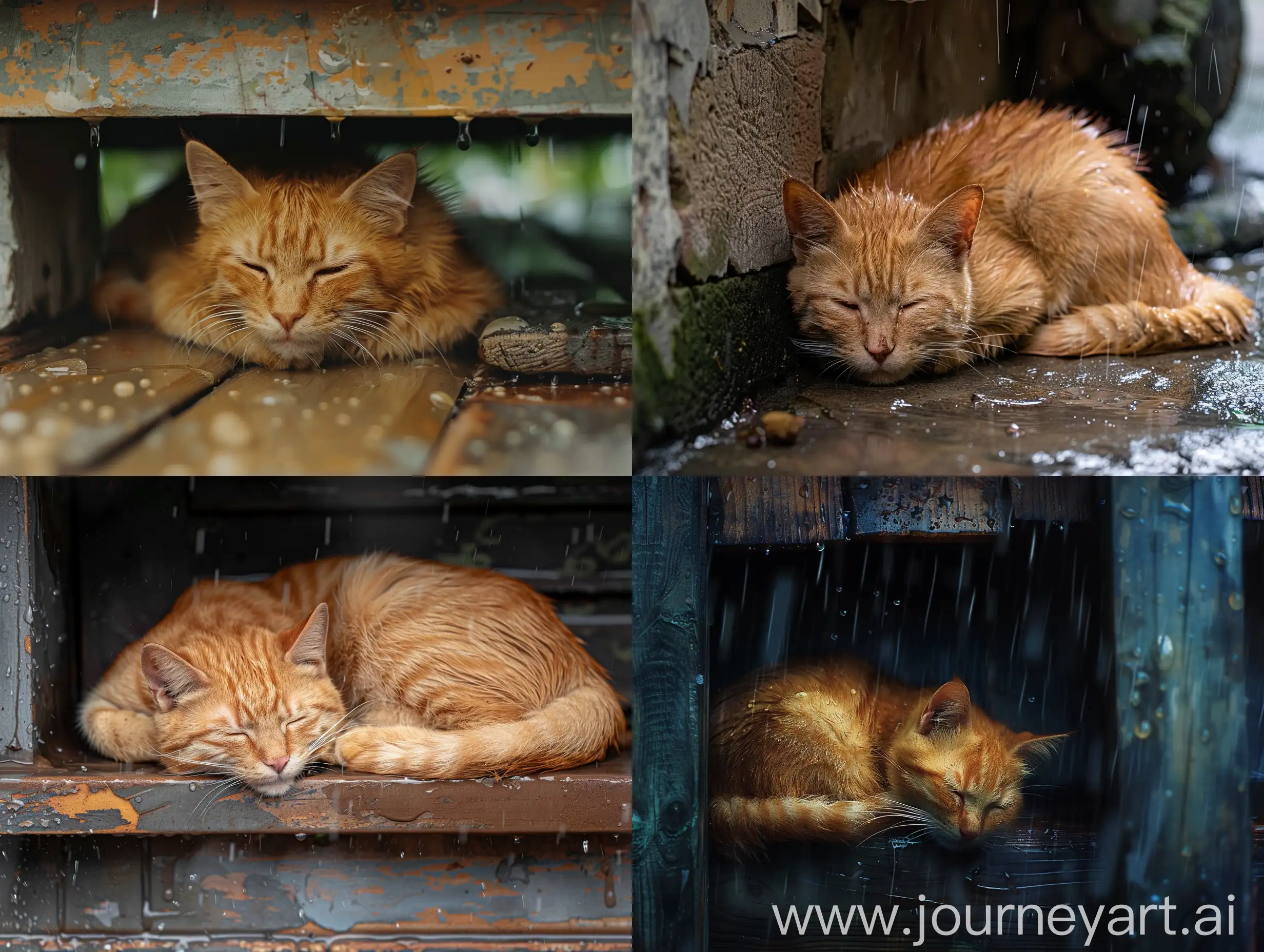 Lonely-Yellow-Cat-Sheltering-from-Rain-Under-Eaves