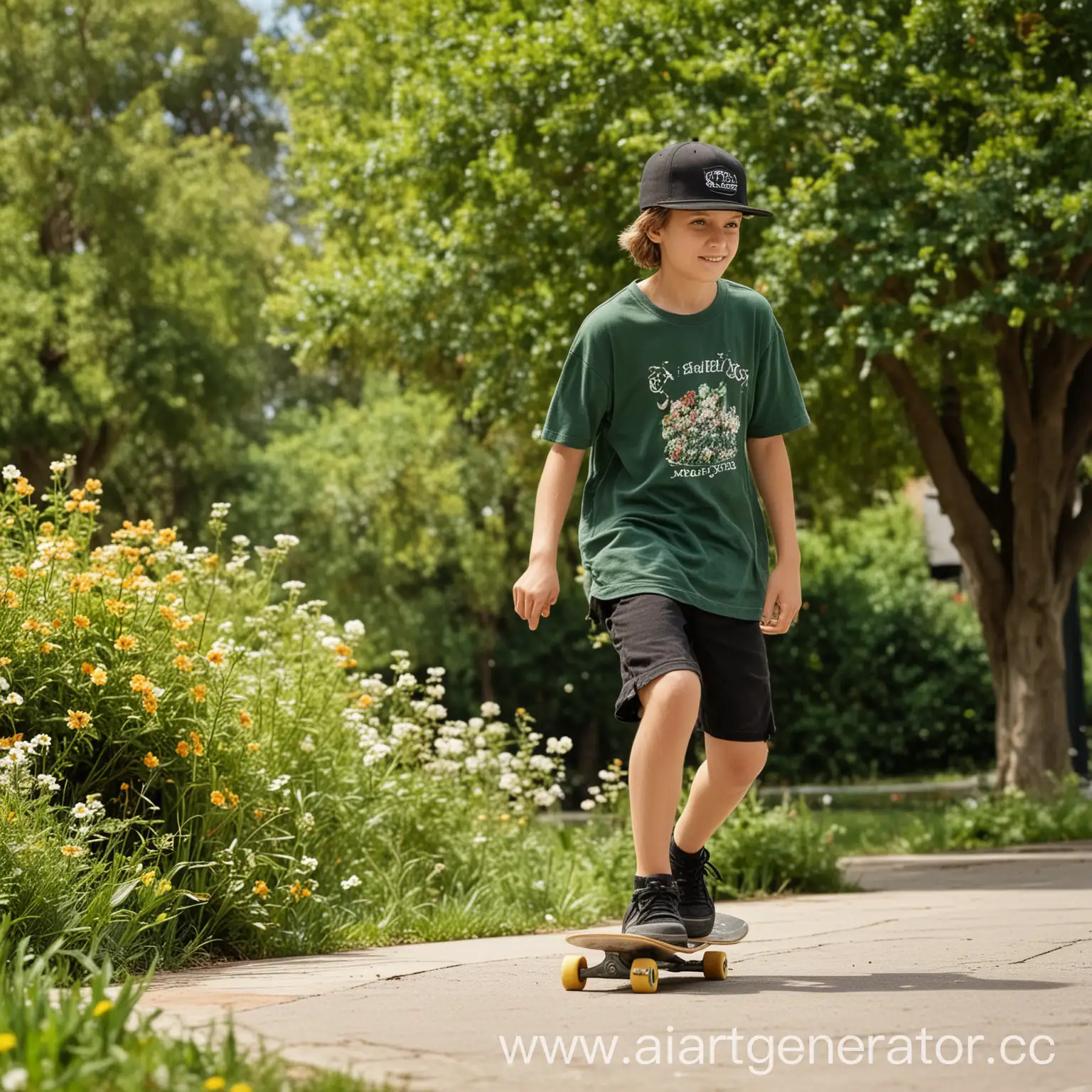 Реальная фотография. Мальчик 12 лет катается на скейте в парке. На мальчике чёрные шорты и зеленая футболка и кепка. Мальчик в полный рост . На заднем плане люди. В парке цветы, дорожки, кусты, деревья