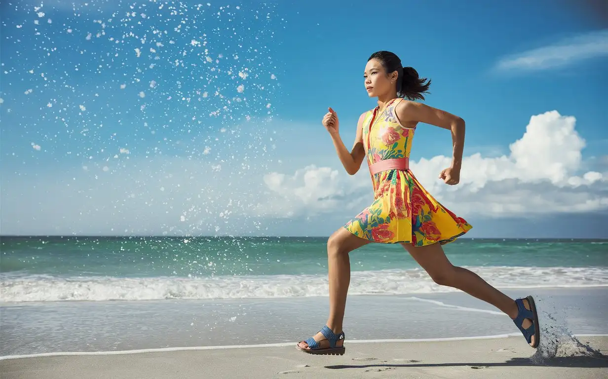 Vietnamese-Woman-in-Summer-Outfit-Portrait-with-Beach-Background-Running-Through-Winters-Heavy-Snow
