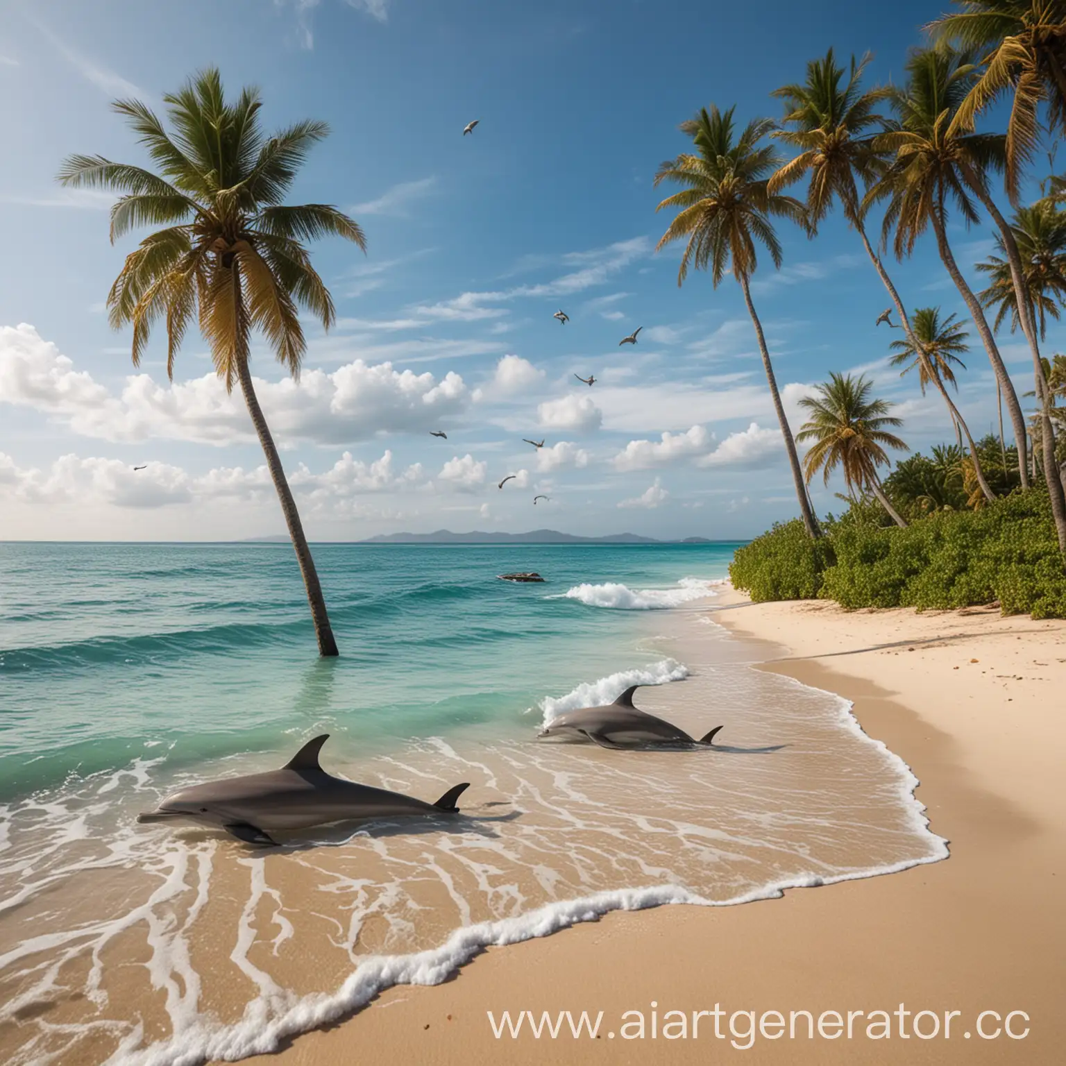 Tropical-Beach-Scene-with-Playful-Dolphins-and-Palm-Trees