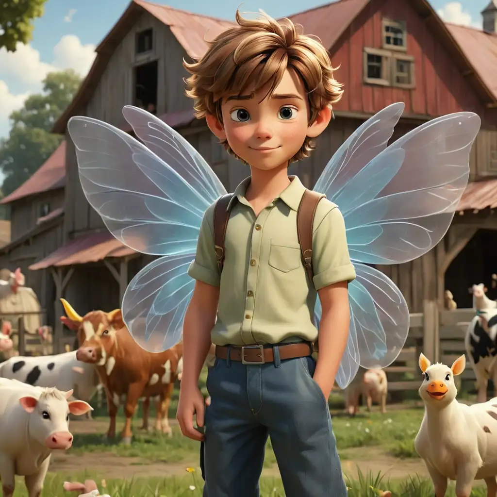 A handsome boy fairy, 3D, Disney Style, nice fairy wings, on a farM WITH COWS, DUCKS, CHICKENS, PIGS, a barn in the background