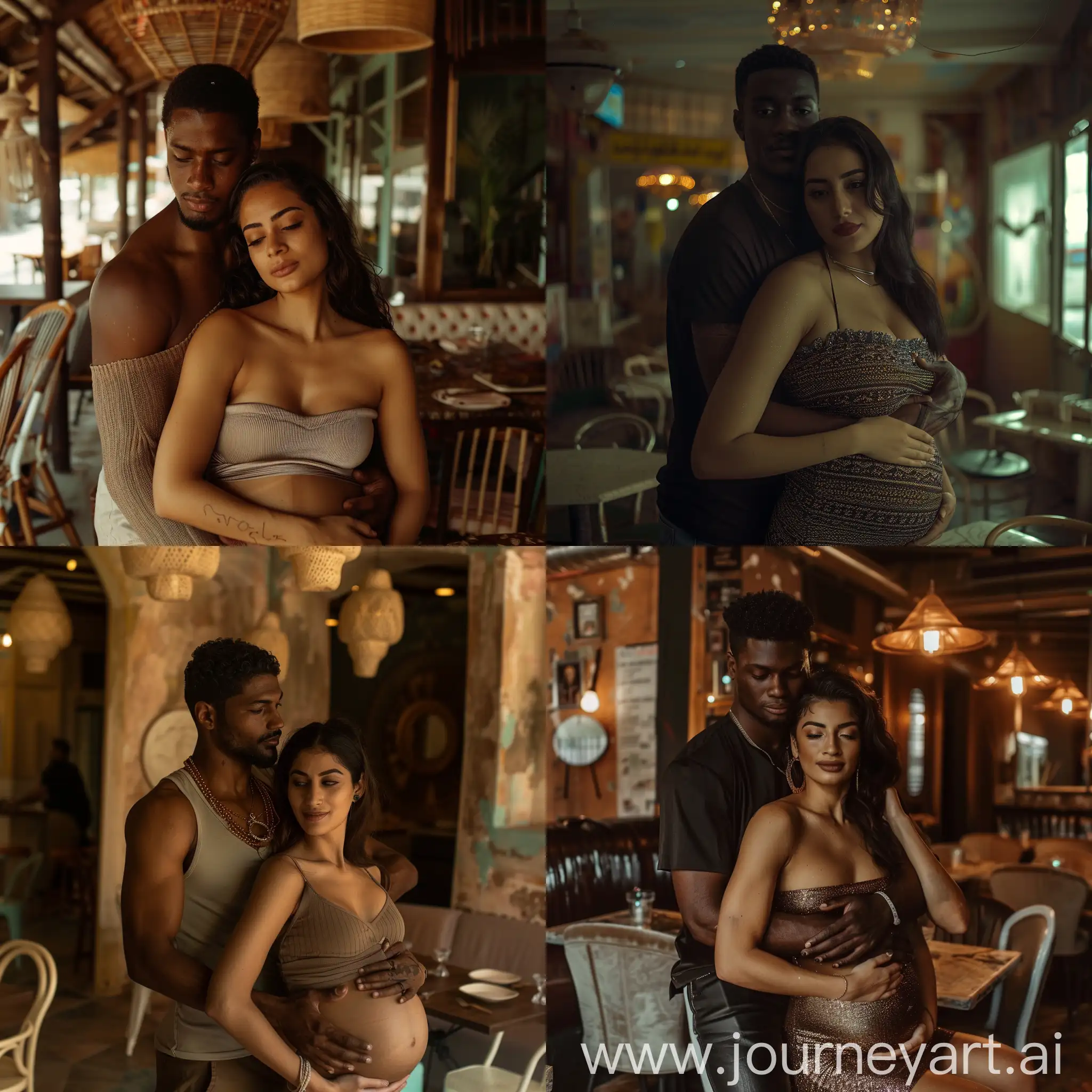 a pregnant iraqi woman in a tight tube top getting hugged by her tall african partner, both looking at the camera, he is grabbing her neck, in an open restaurant setting, The woman looks typically iraqi and is beautiful, The scene is romantic and open