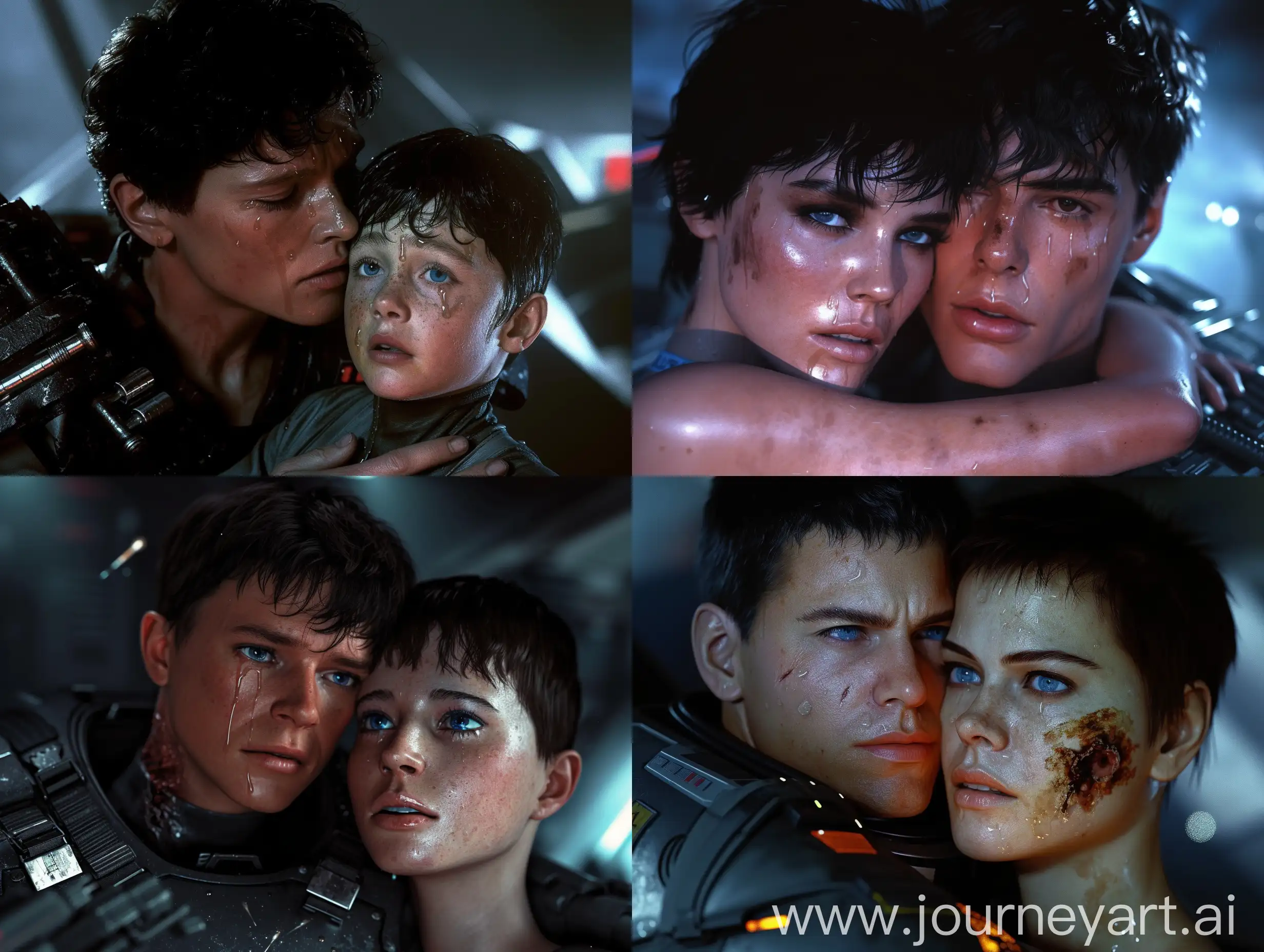 1980s, REDEMPTION, UPLIFTING, SOULFUL, MOVING, TENDER, ROMANTIC, SAD, EPIC, DEATH, DARK, HOPEFUL, 2 people looking DEEPLY into each others eyes, cinematic sad, romantic photo of (((a dying heroic futuristic MALE pilot being cradled by an exotic, mysterious, female warrior space ship pilot TENDERLY, WITH DEEP EPIC LOVE)), evocative shadows, teary eyed,  warrior very short hair, exotic, gorgeous, beautiful,  sad,  science fiction, (electronics, armor, damage, burned),Classic 1980s Hollywood glamour, (best quality, masterpiece: 1.3), (vivid 1.1), (Highly detailed, ultra-realistic: 1.2), HDR, Ultra-high HD Picture, dramatic,(full body: 0.5), Ultra-Wide Angle, cinematic (beautiful detailed face: 1.0), Realistic eyes, blue eyes, subsurface scattering, reflections, ray tracing, (cinematic lighting, soft light, sharp), dark, light particles, spaceship background, (Sadness, romantic, sci-fi: 1.1), (beautiful image, beautiful, (skin texture, realistic skin,1.2), anatomically correct,