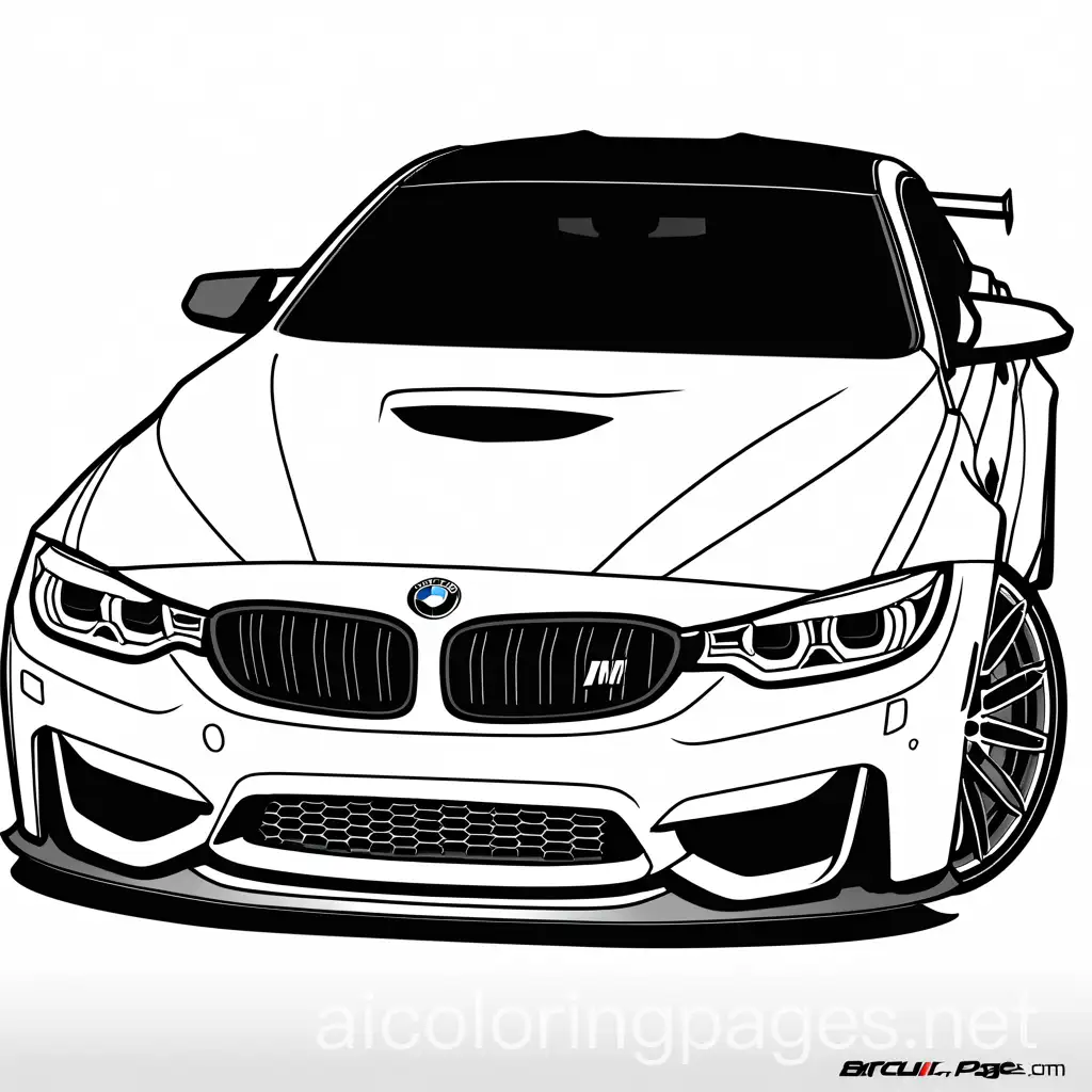 2025 BMW M4 coloring page, Coloring Page, black and white, line art, white background, Simplicity, Ample White Space. The background of the coloring page is plain white to make it easy for young children to color within the lines. The outlines of all the subjects are easy to distinguish, making it simple for kids to color without too much difficulty