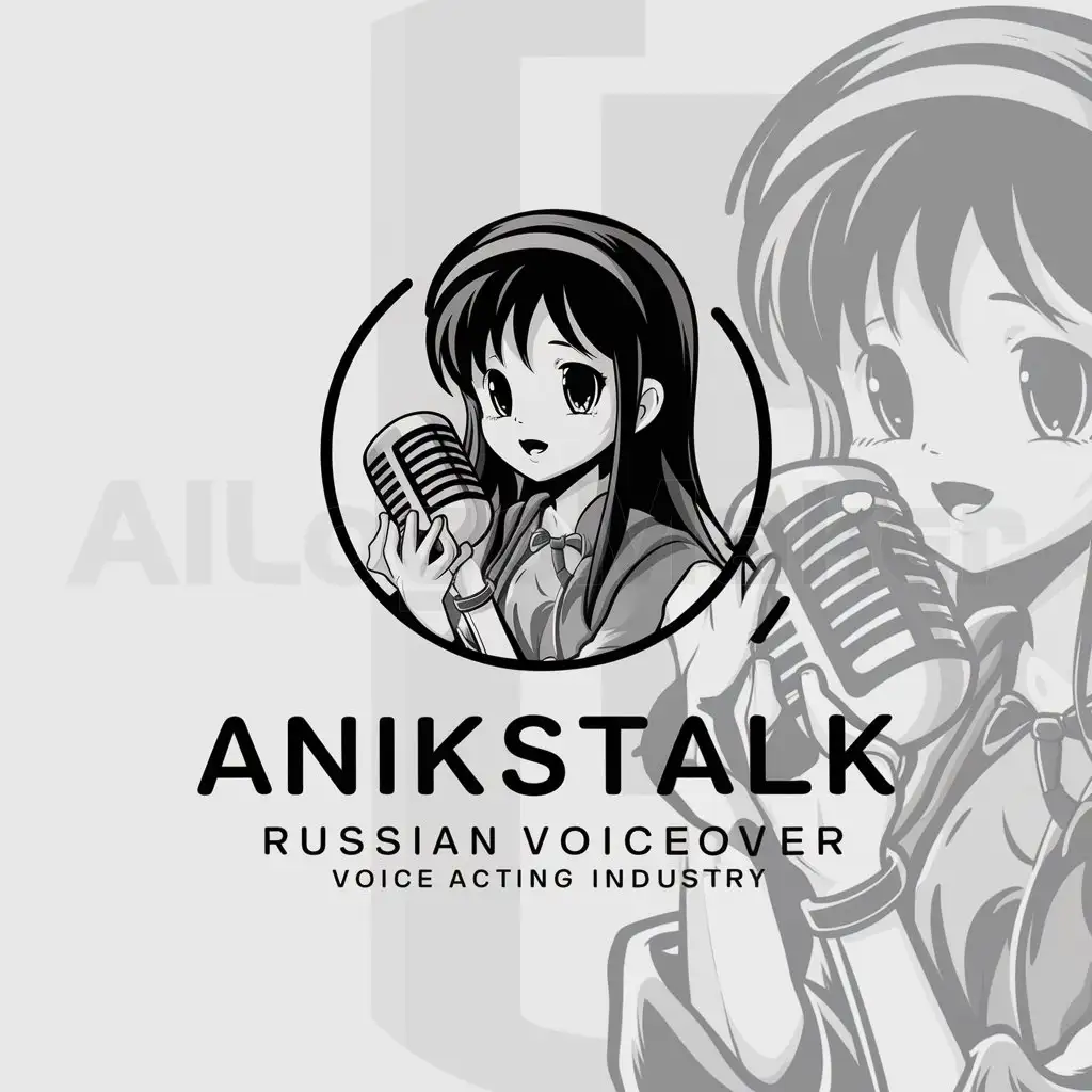 a logo design,with the text "AniksTalk project for Russian voiceover", main symbol:Anime girl with microphone,Moderate,be used in Ozvuchka industry,clear background