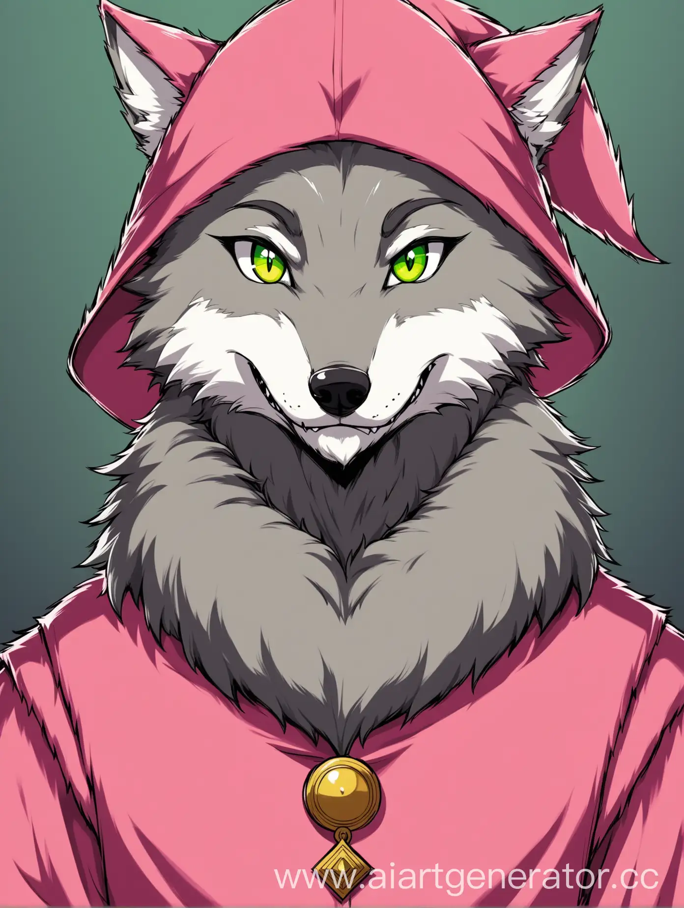 digital art, anime style, anthro wolf, male, big bad wolf from the cartoon, pink medieval dress, pink medieval hat, grey fur, yellow-green eyes, neutral, cunning face.
