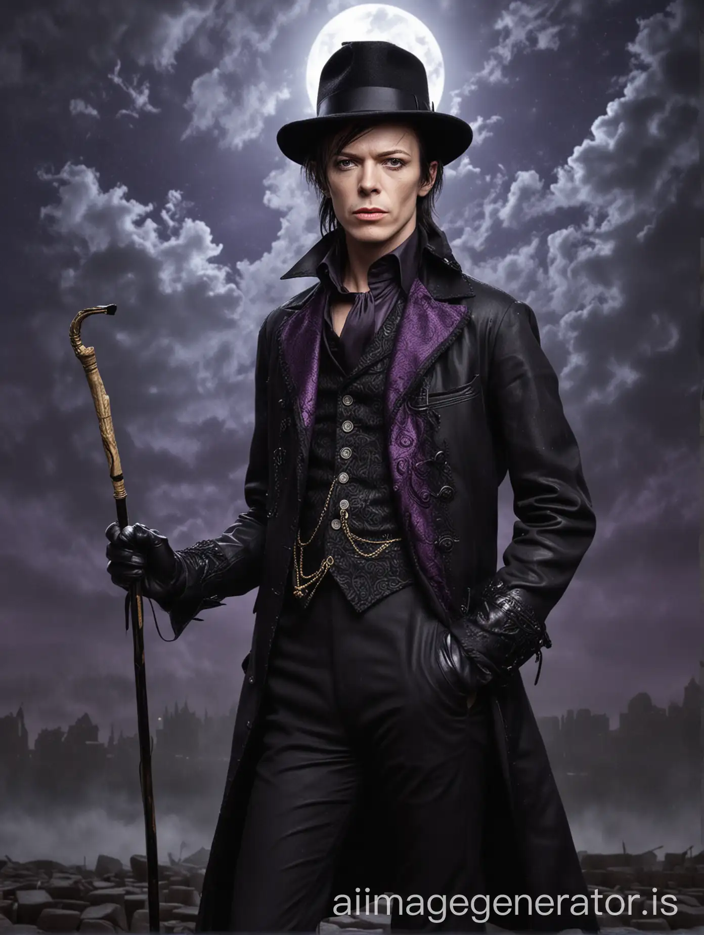 david bowie face, young man in his teens, man wearing black leather gloves, black hair, disgust face expression, wearing black homburg hat, juvenile face, slender young man with a black hair, man holding a black cane with a silver handle, man wearing black linen suit, purple paisley vest, midnight background with a stormy black clouds, crescent-shape moon, crow on the cround, old city background, wet stone bricks
