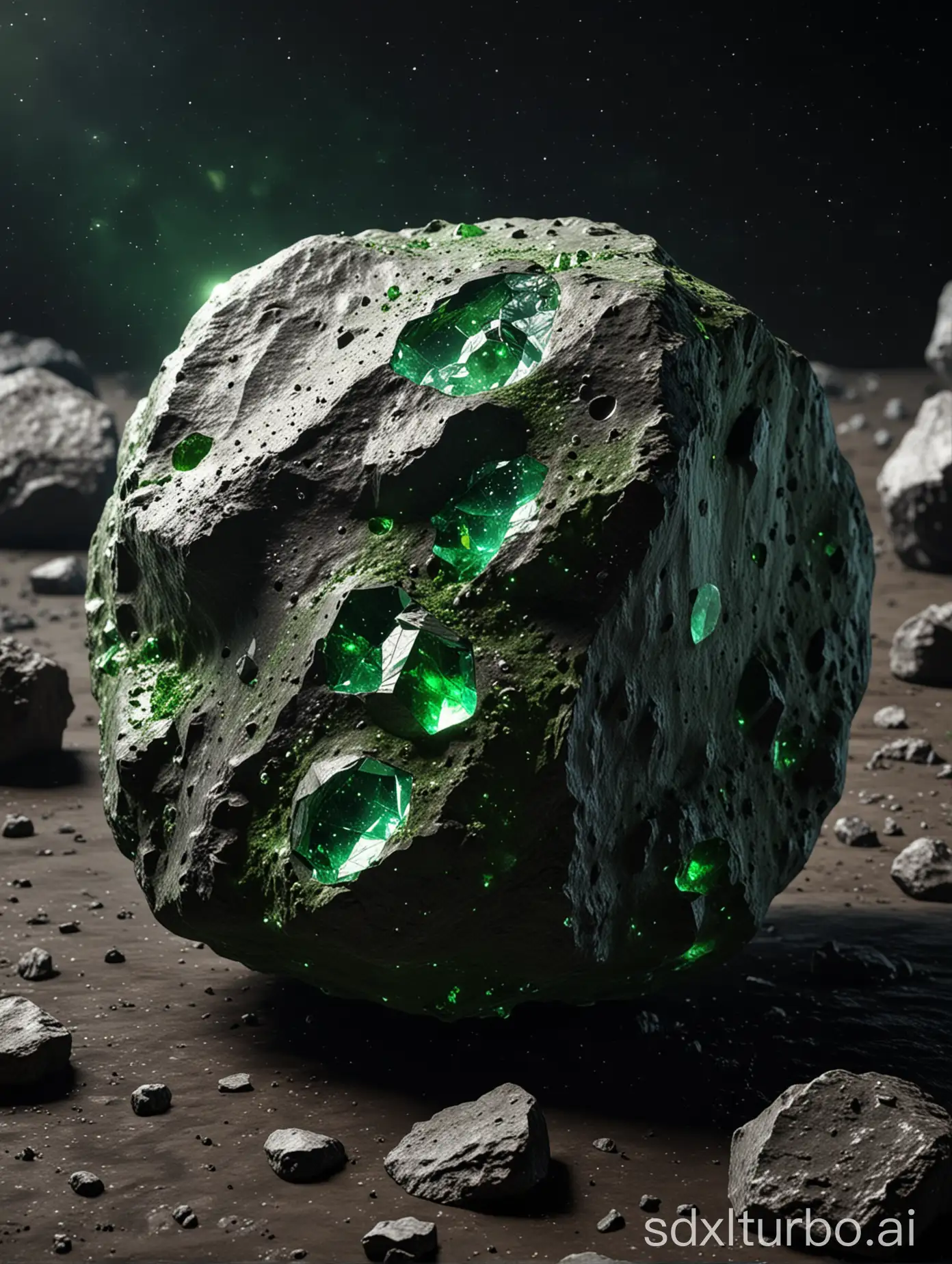 Realistic-Asteroid-with-Green-Cubic-Crystals-Surface